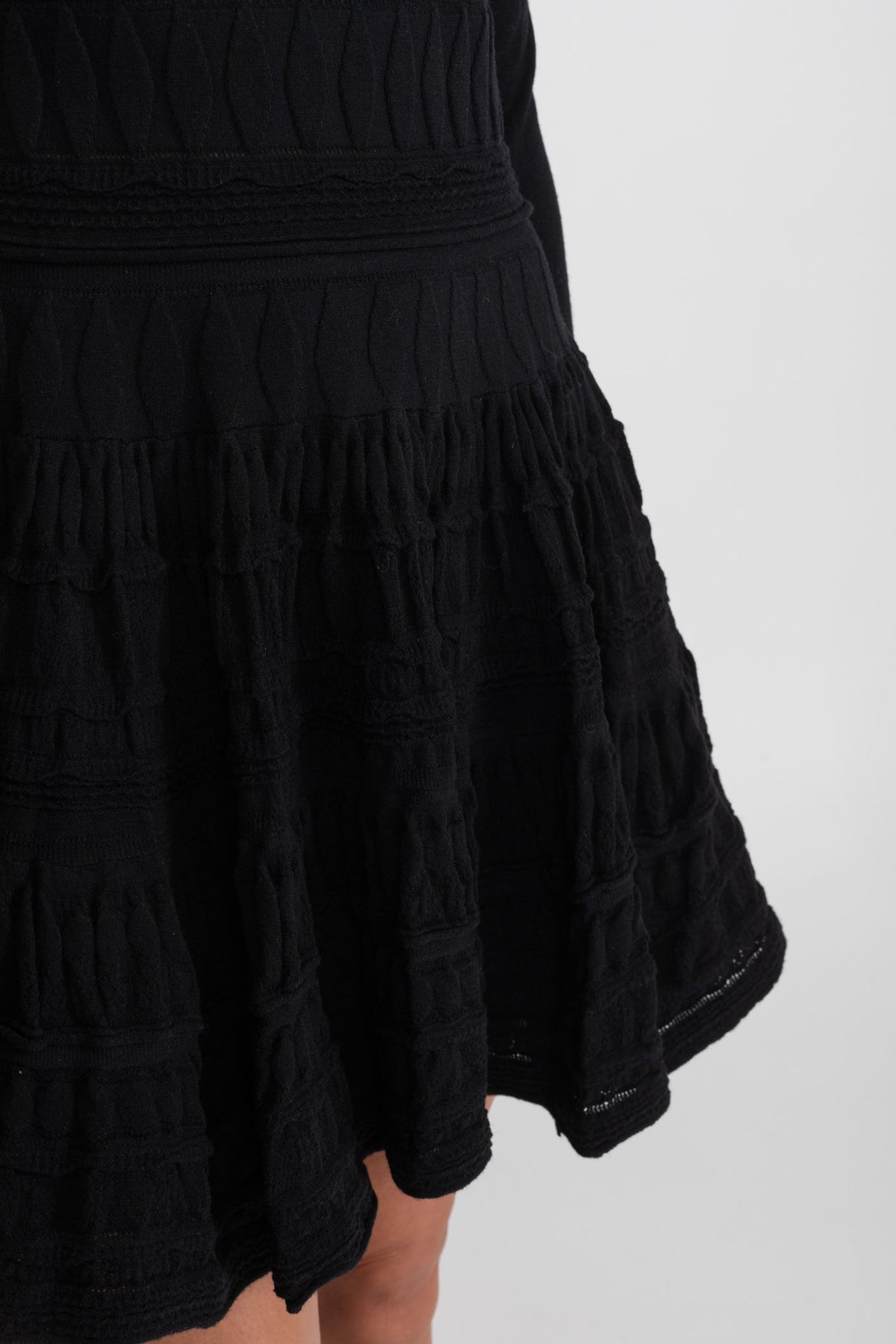 Textured Knit Mini Dress with Flared Skirt - Black