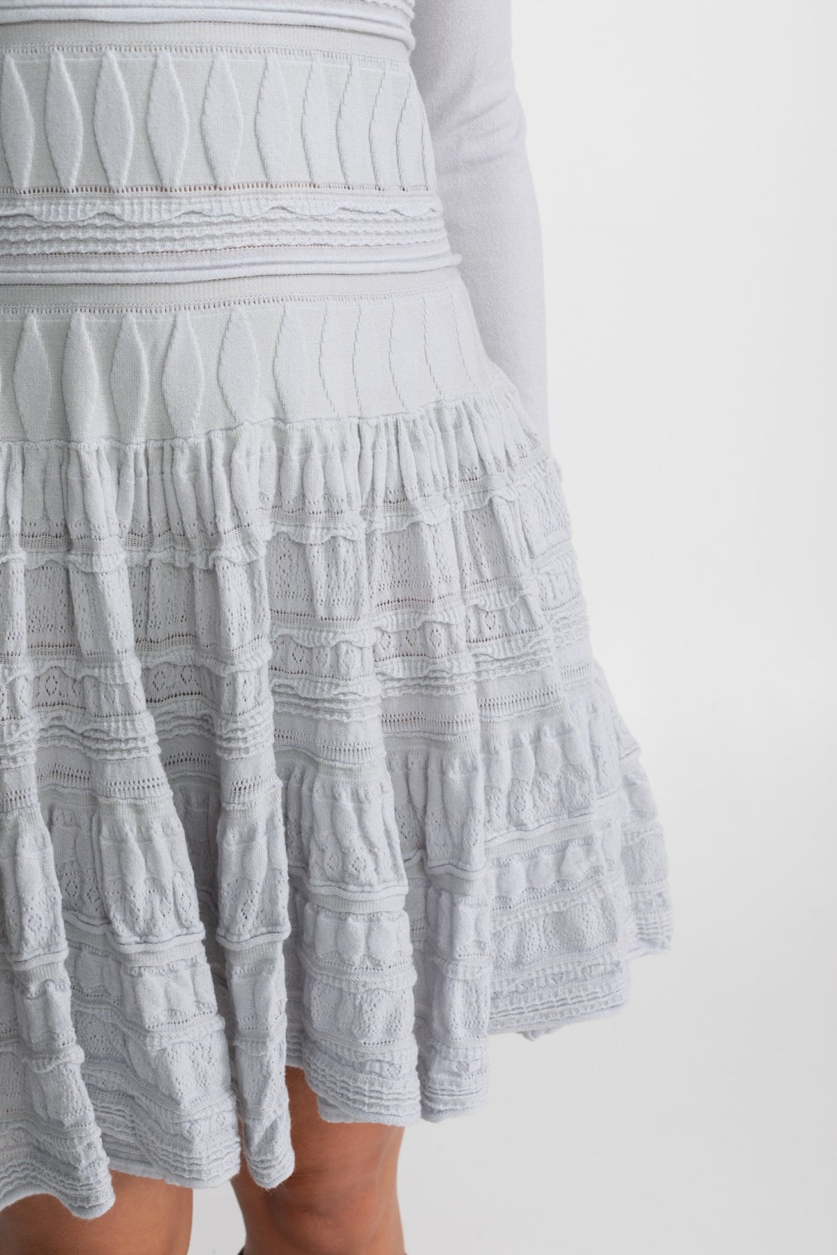 Textured Knit Mini Dress with Flared Skirt - Light Gray
