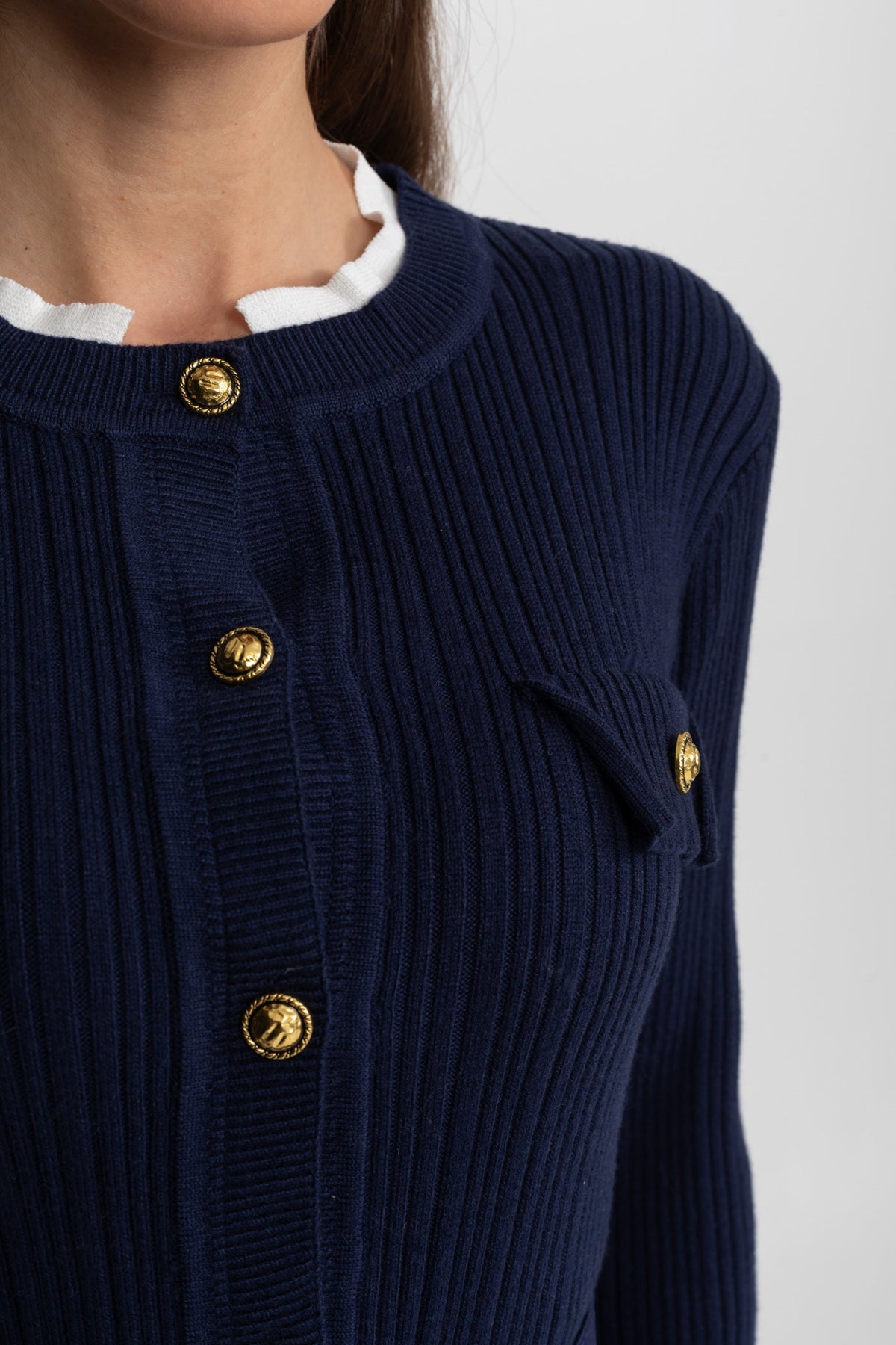 Ribbed Knit Midi Dress with Pleated Skirt and Belted Waist – Navy