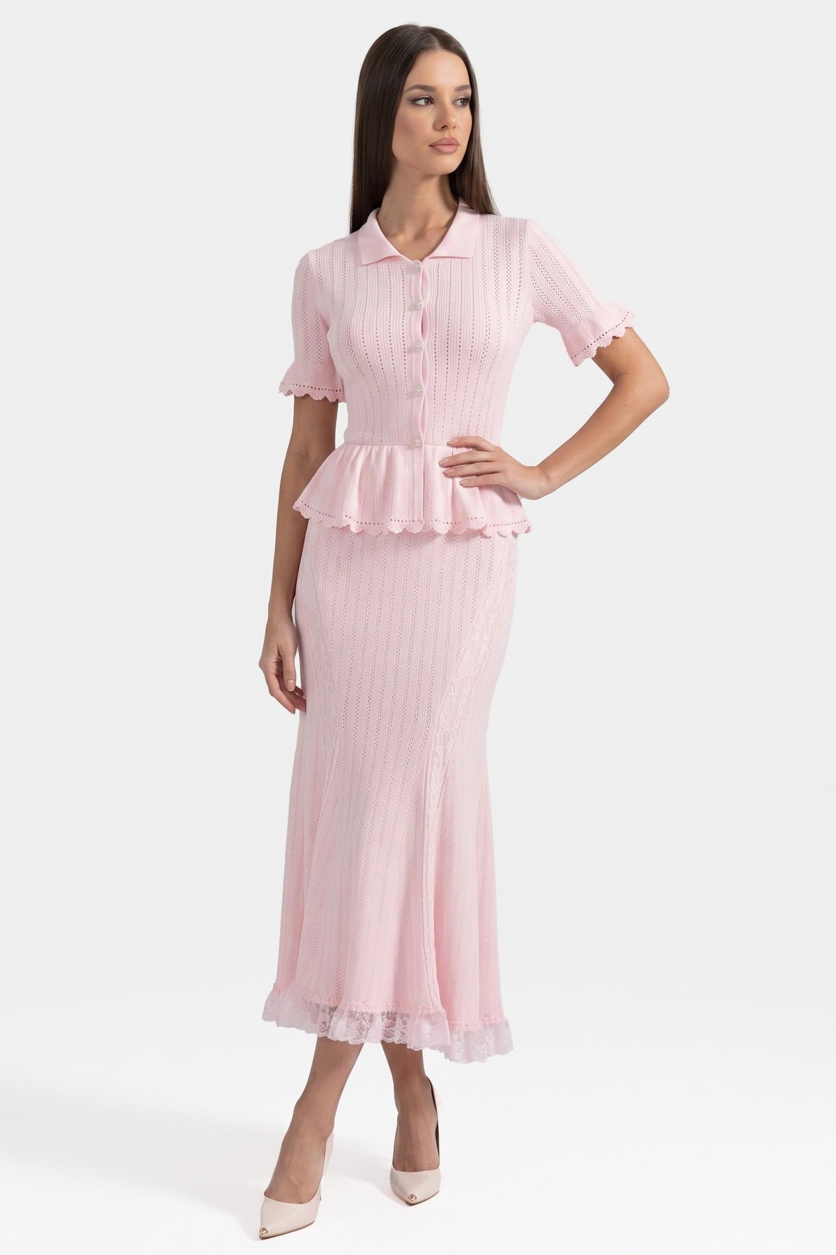 Peter-Pan Collar Knit Peplum Maxi Dress With Lace Hem - Pink