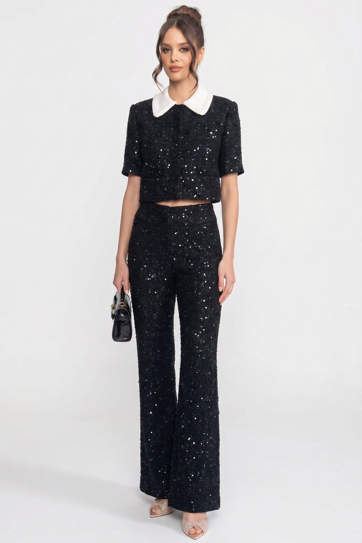 Wide-Leg Tweed Trousers With Sequin Detail - Black