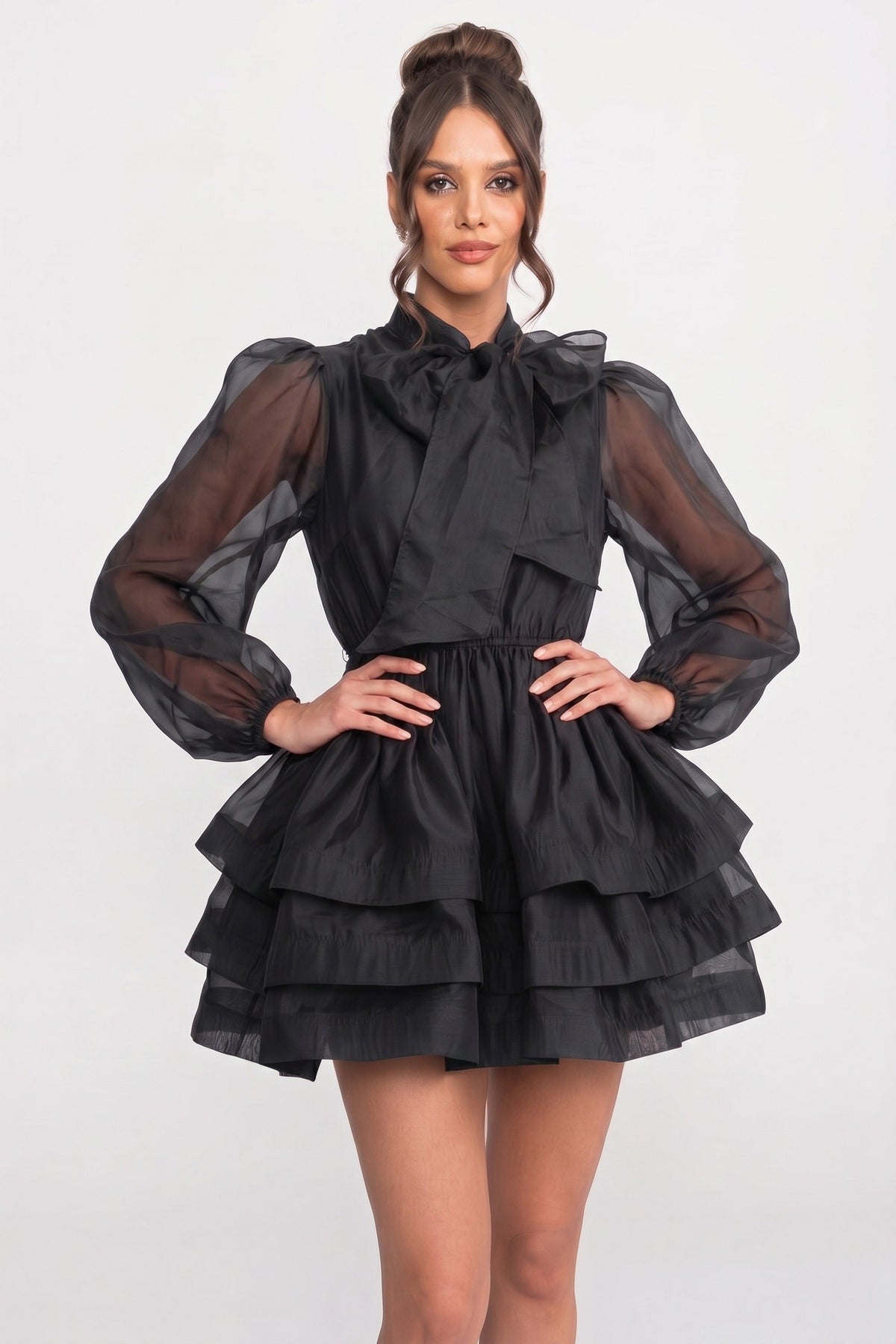 High-Neck Puff-Sleeve Mini Dress With Tiered Ruffle Skirt And Bow - Black