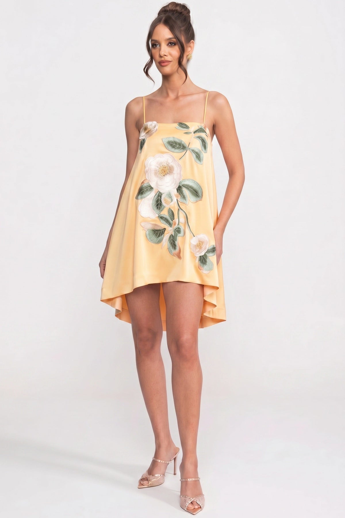 Spaghetti-Strap Mini Dress With 3D Floral Appliqué And A-Line Skirt - Yellow