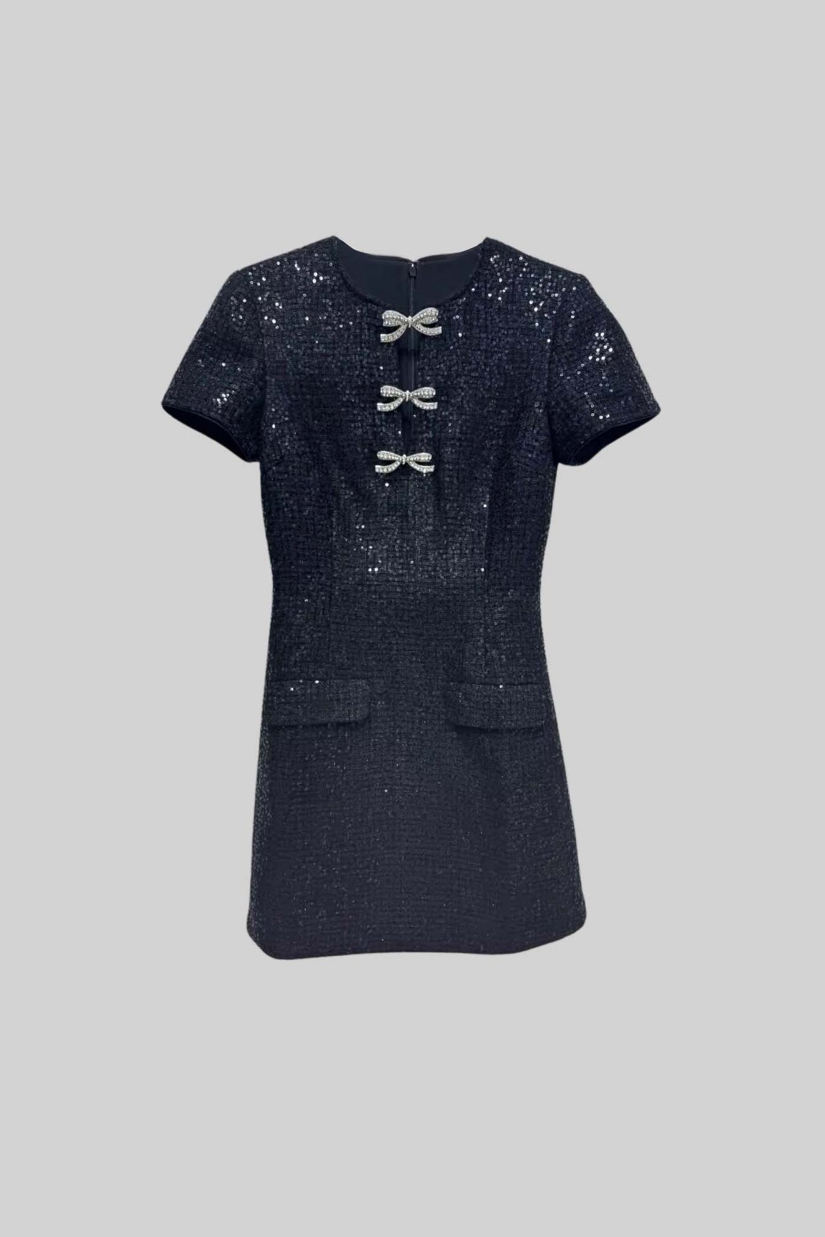 Short Sleeved Sequin Mini Dress With Sparkling Neckline Bows - Black