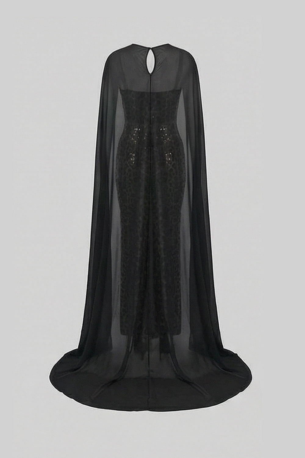 Sequin Maxi Dress with Sheer Cape Overlay – Leopard & Black