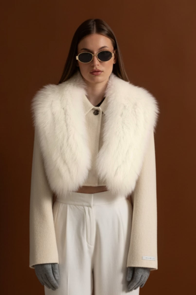 Wool Cropped Jacket with Fox Fur Collar – Ivoire