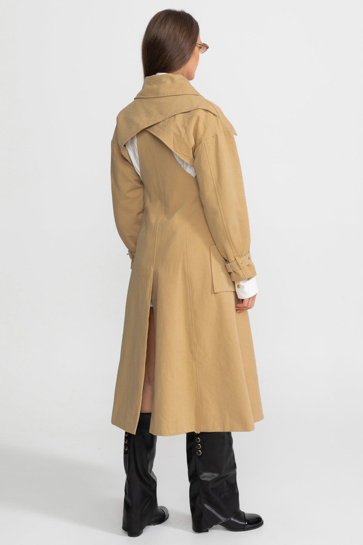 Cutout Trench Coat with Belted Waist and Utility Pockets - Beige