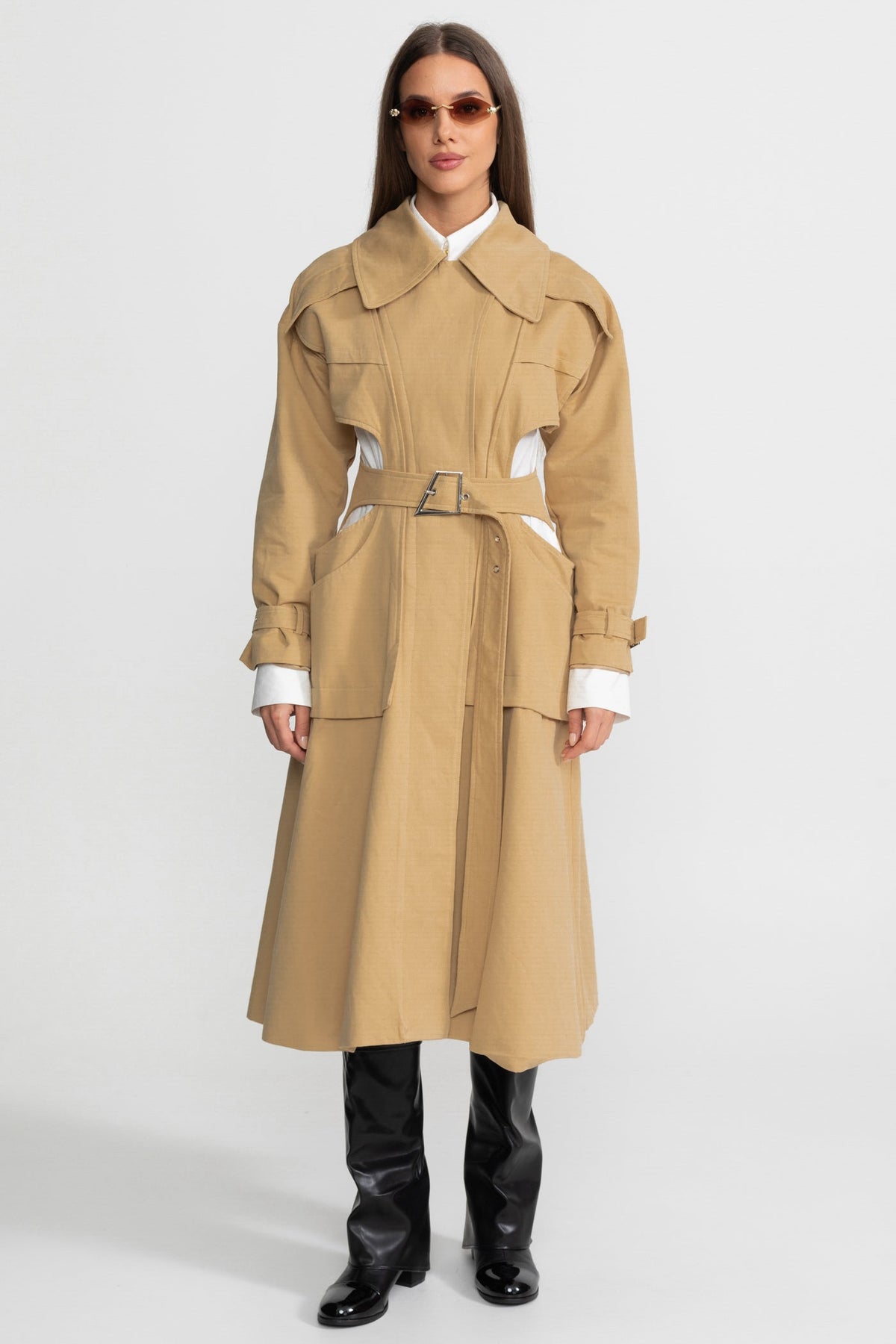 Cutout Trench Coat with Belted Waist and Utility Pockets - Beige