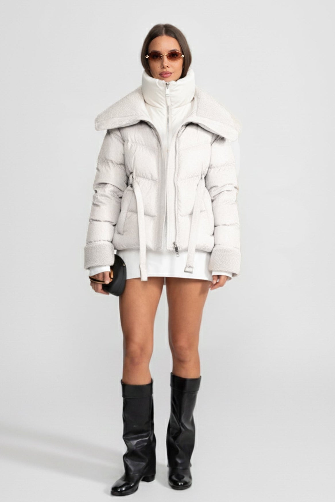 Puffer Jacket with Oversized Shearling Collar And Cuffs - White