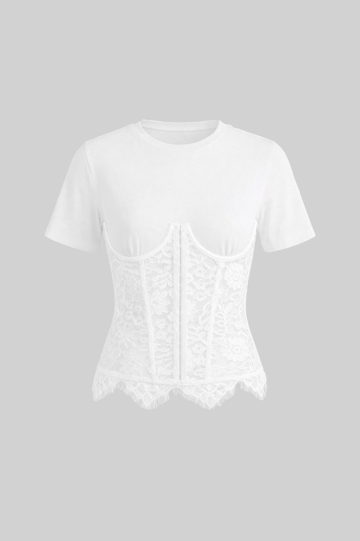 Short Sleeve Top With Lace Corset Overlay - White