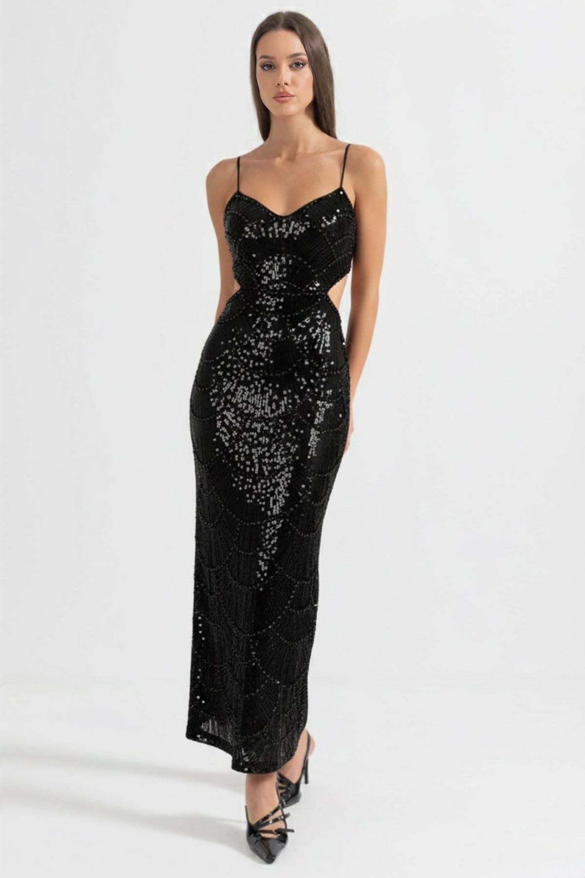 Sequin Fitted Midi Dress With Side Cutouts – Black