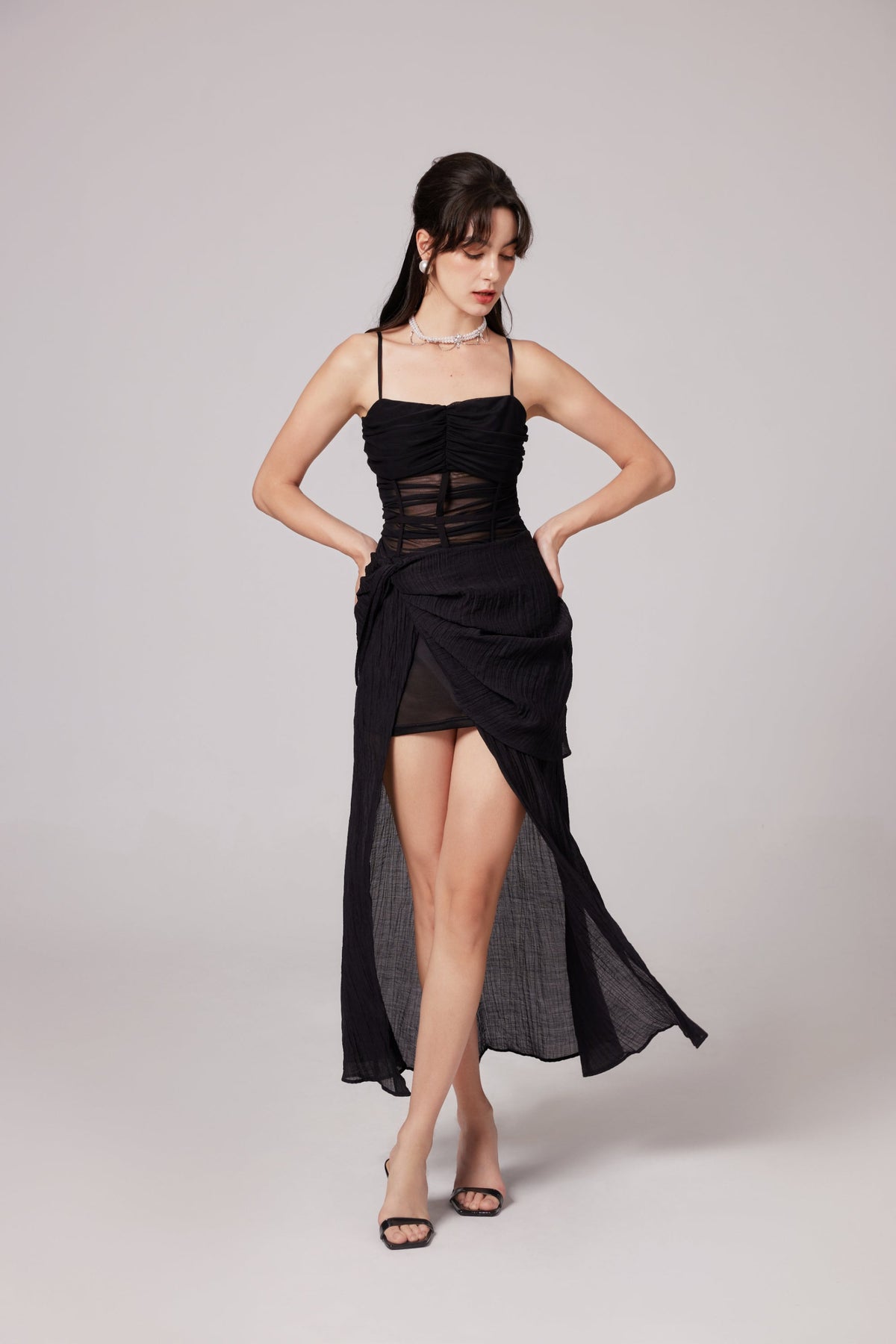Guinevere black sheer asymmetrical midi dress