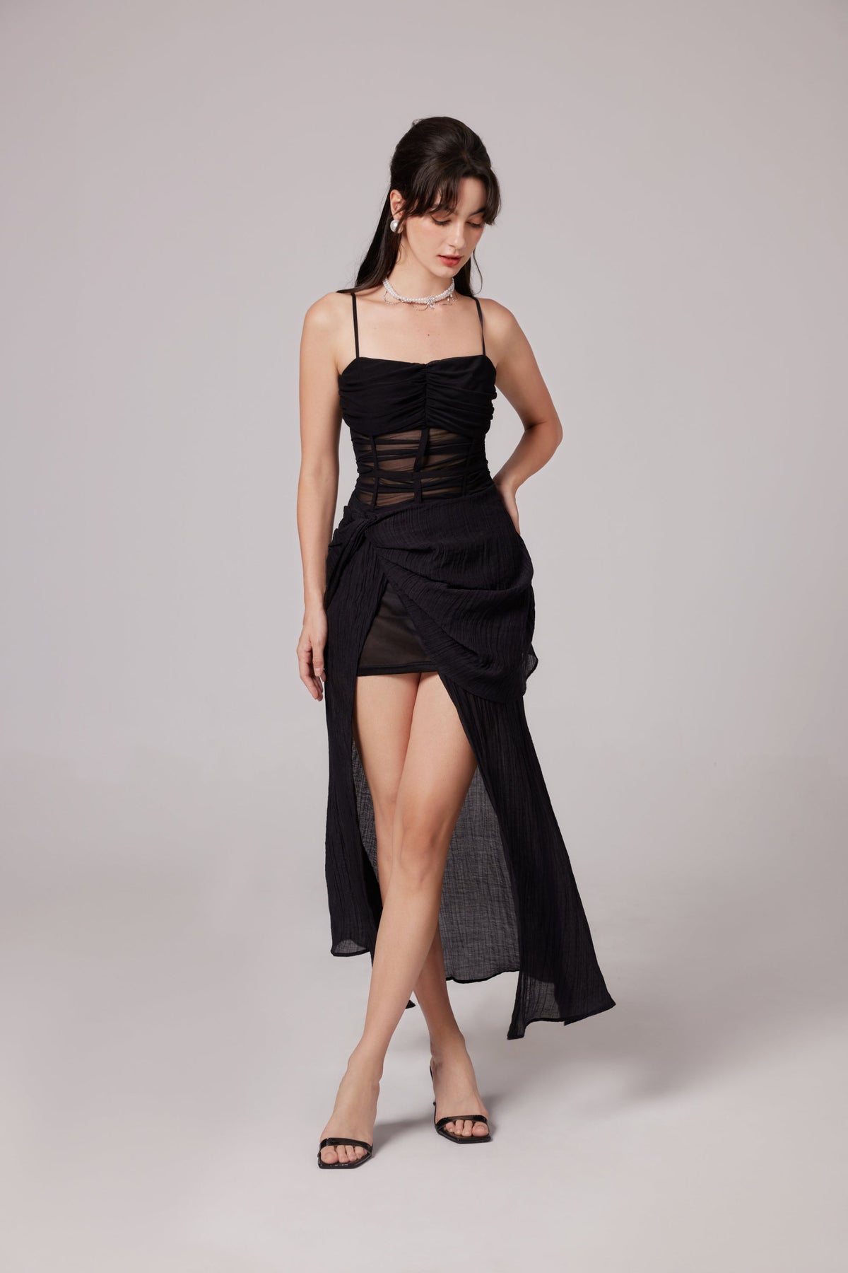 Guinevere black sheer asymmetrical midi dress