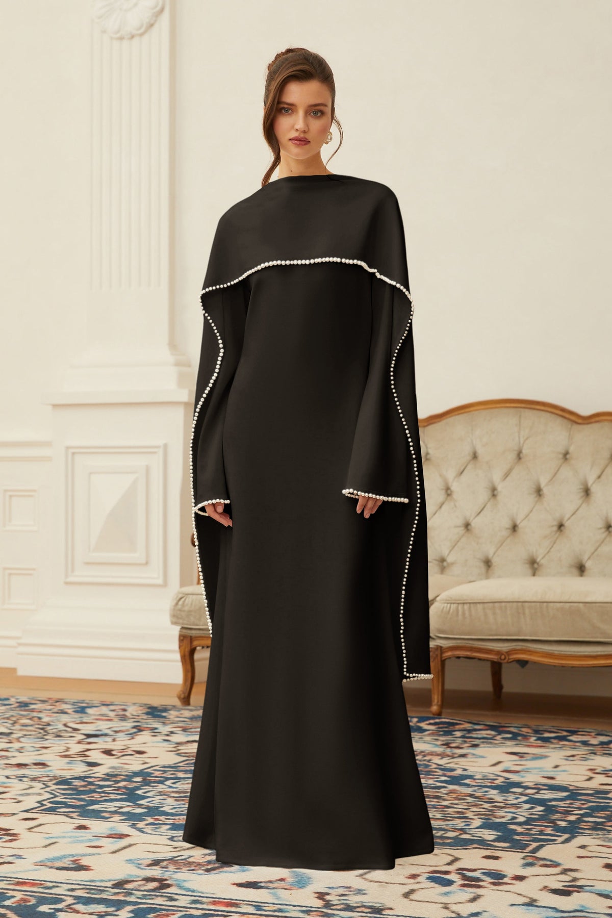 Piroska Black Pearl Trim Shawl Detail Maxi Dress