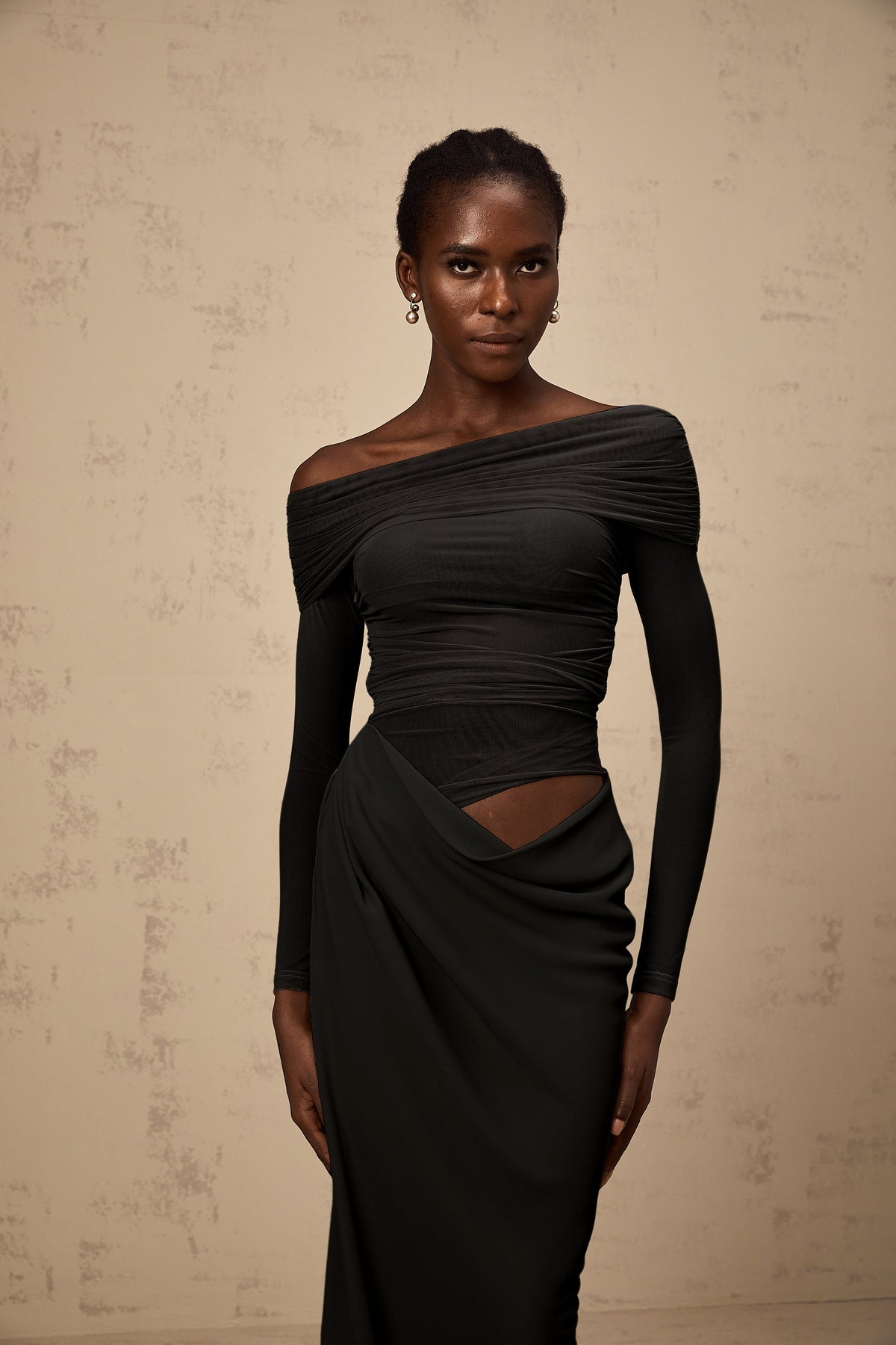 Estelle off-shoulder semi-sheer midi dress in Black