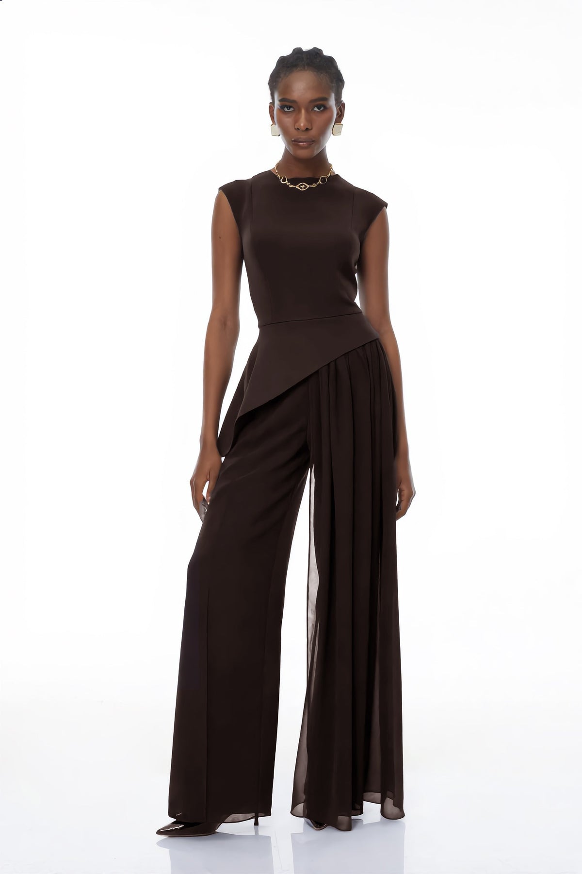 Margaux Brown Asymmetrical Top & Trousers Set