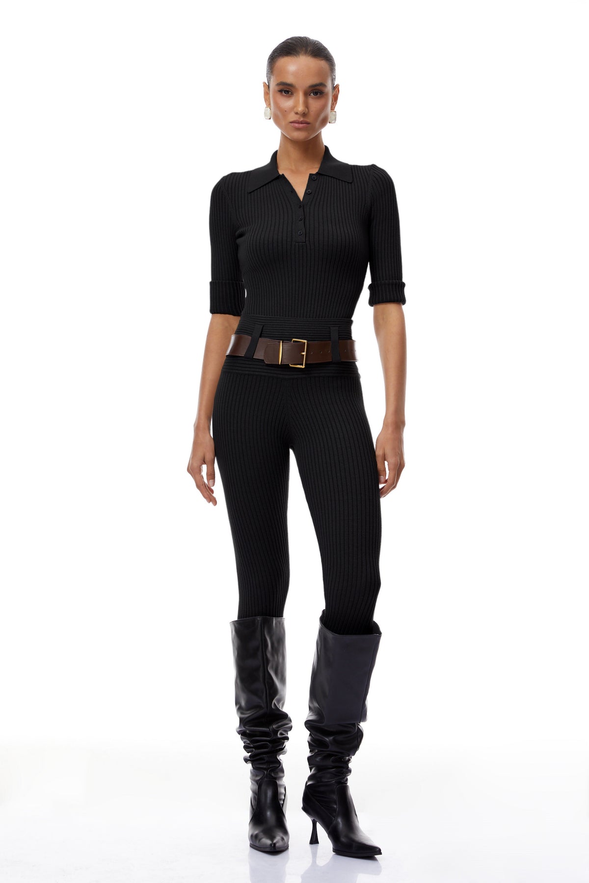 Claire Black Ribbed Knit Bodysuit & Trousers Set (Final Sale)