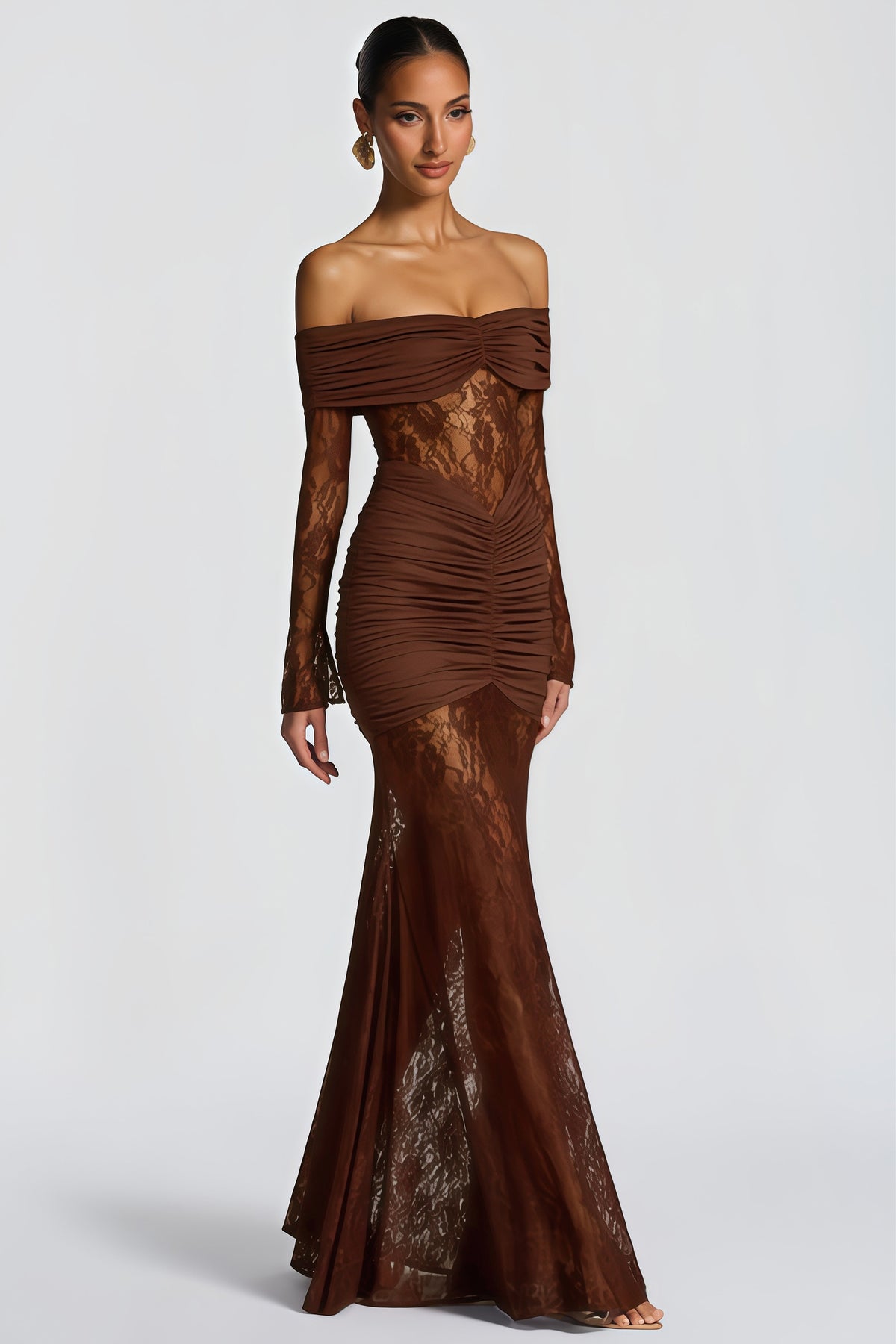 Brigitte Brown Lace Panel Ruched Maxi Dress (Final Sale-US Only)