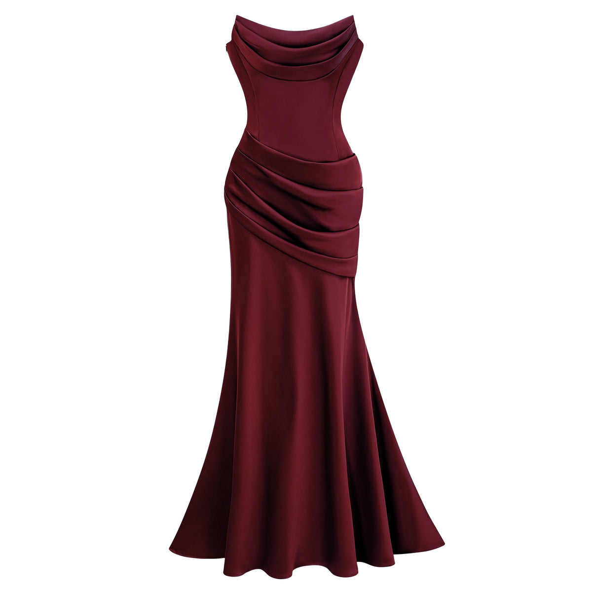 Marilou Burgundy Ruched Satin Maxi Dress
