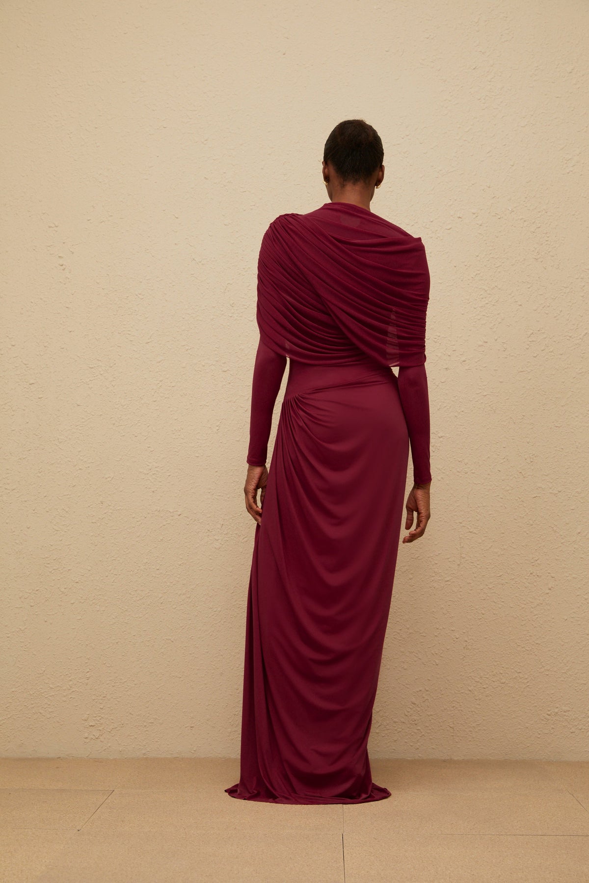 Catherine Red Asymmetrical Pleated Long-Sleeve Maxi Dress (Final Sale)