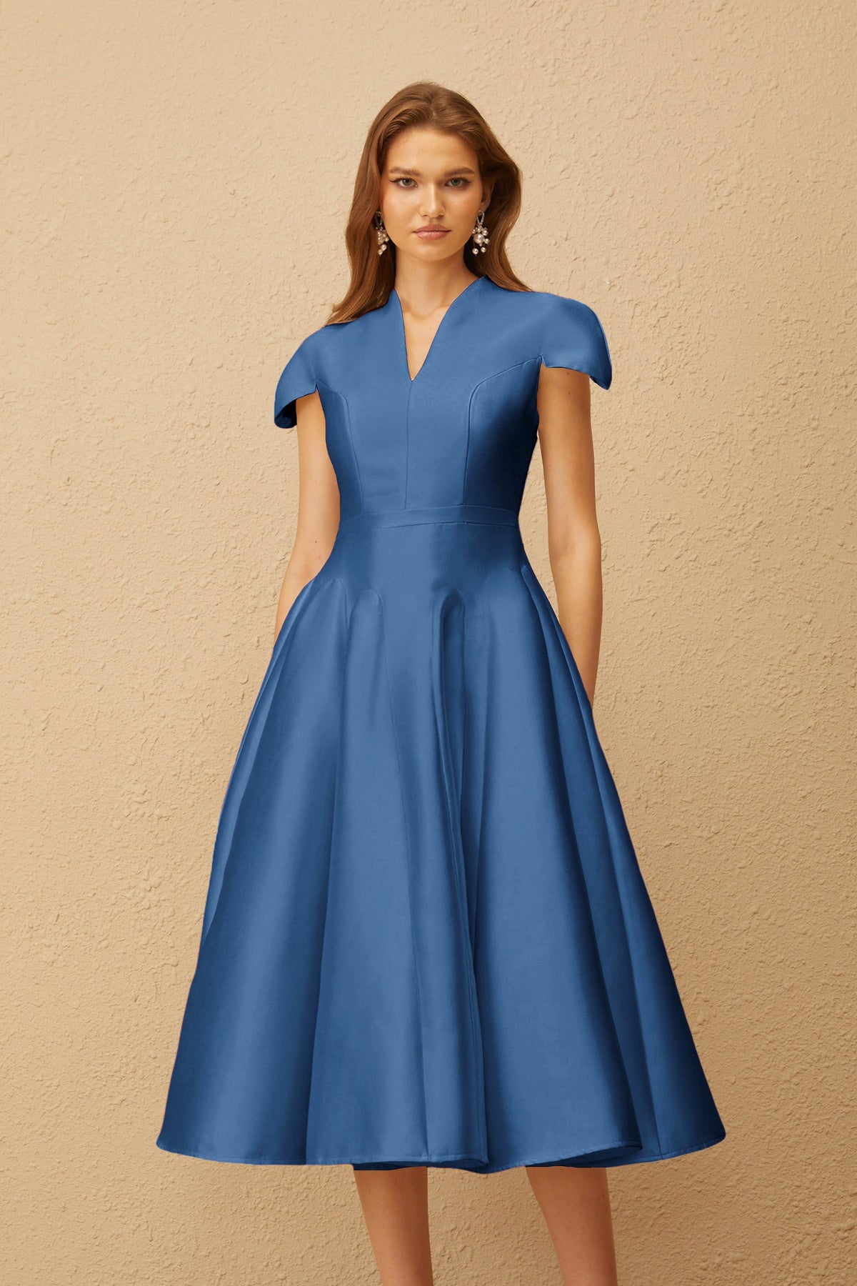 Aventin Blue Godet Design Midi Dress