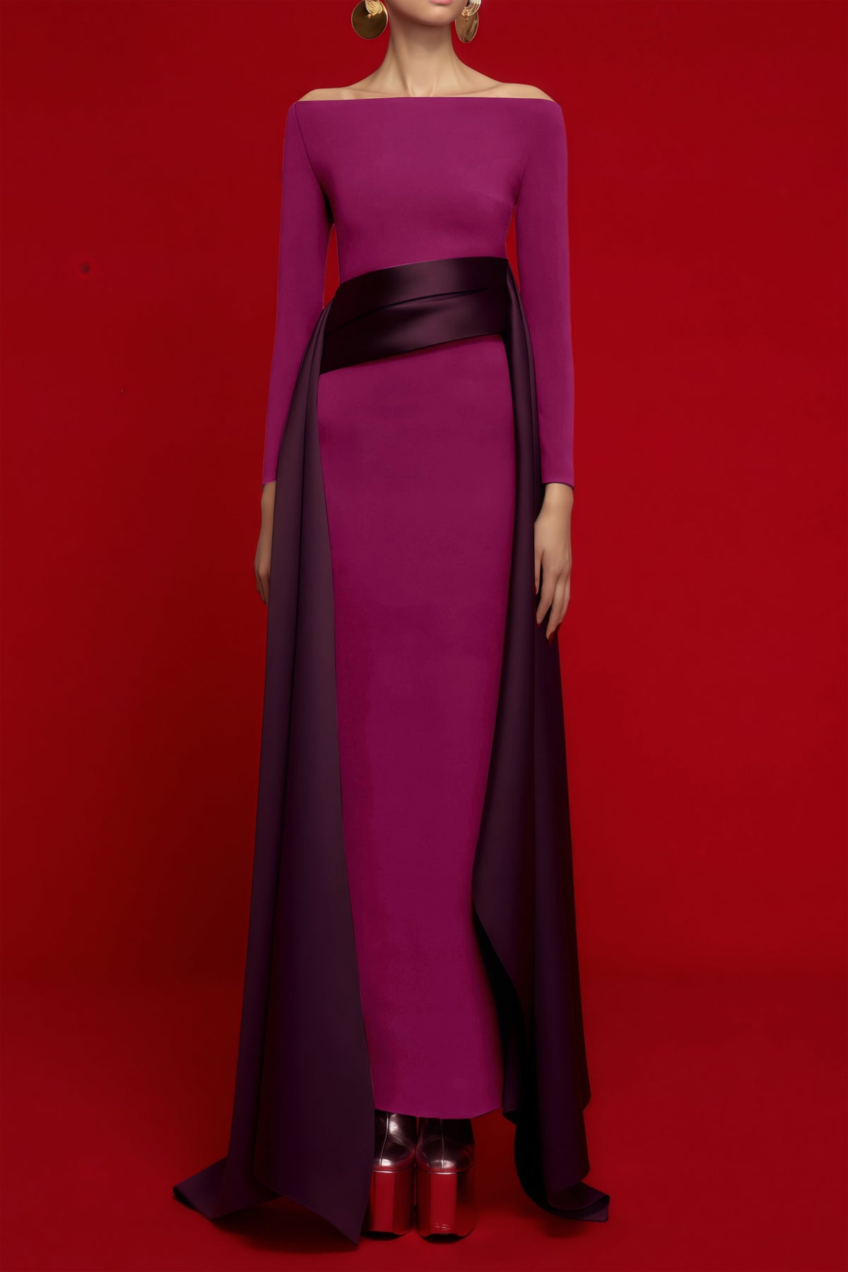 Ginevra Magenta Draped Stain Panel Maxi Gown (Final Sale-US Only)