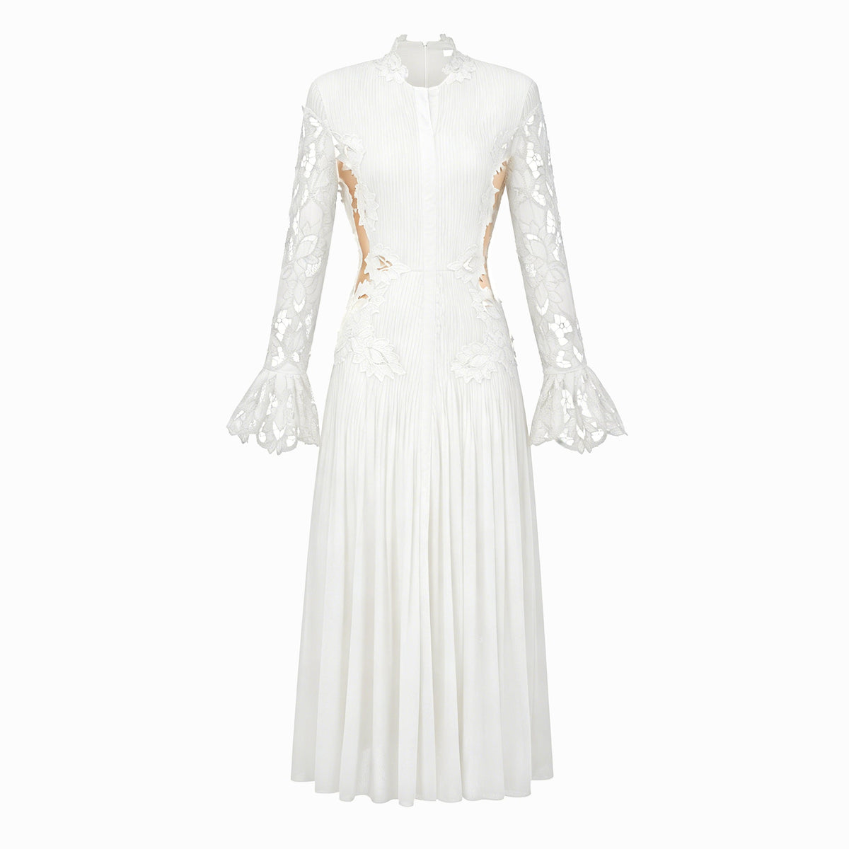 Chiara White Lace Panel Pleated Midi Dress
