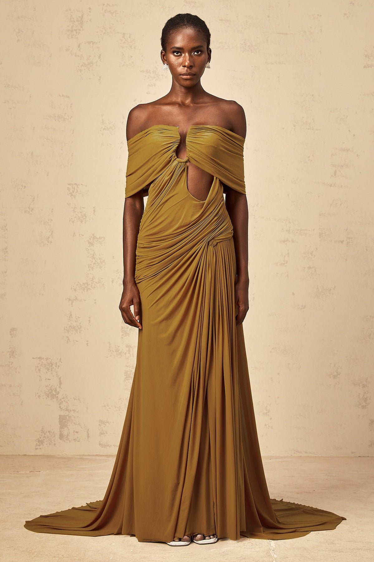 Ludivine ocher off-shoulder cut-out ruched maxi dress
