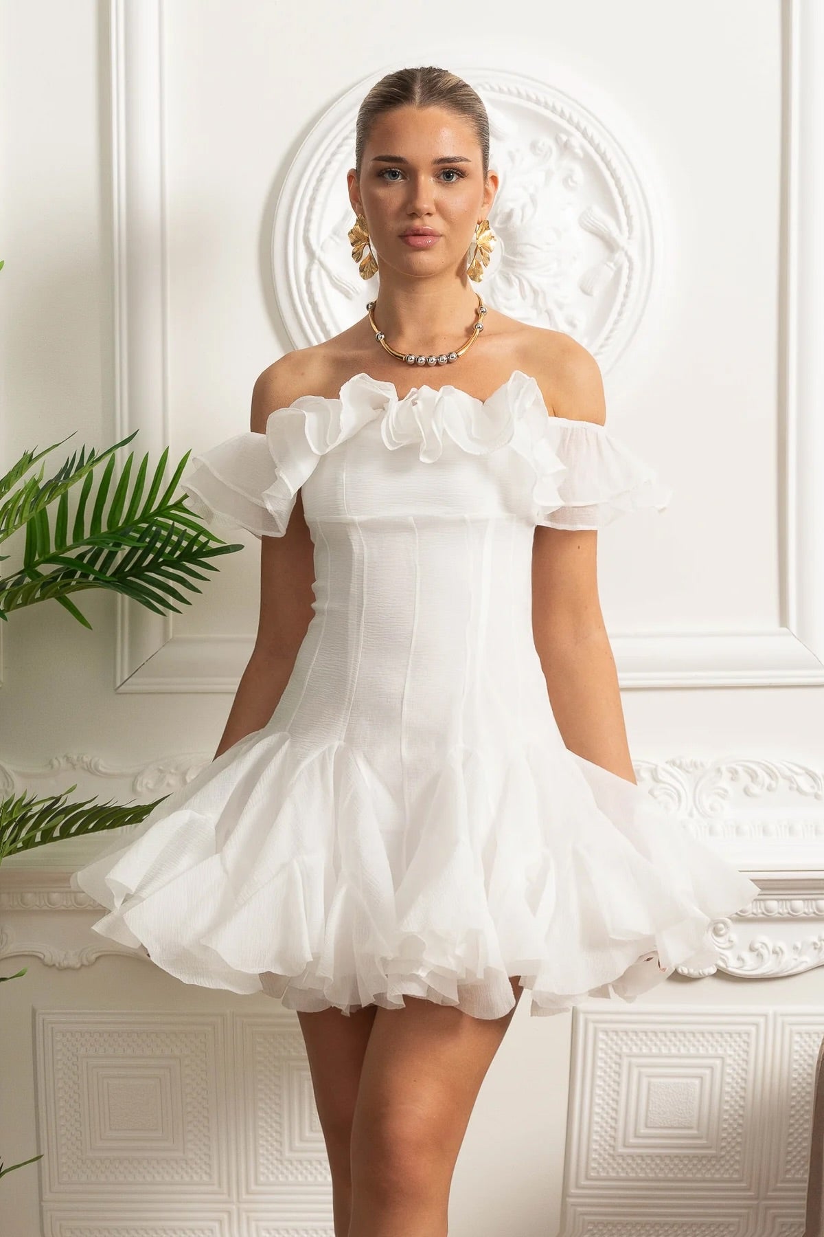 Off-Shoulder Mini Dress with Ruffled Organza Trim - White