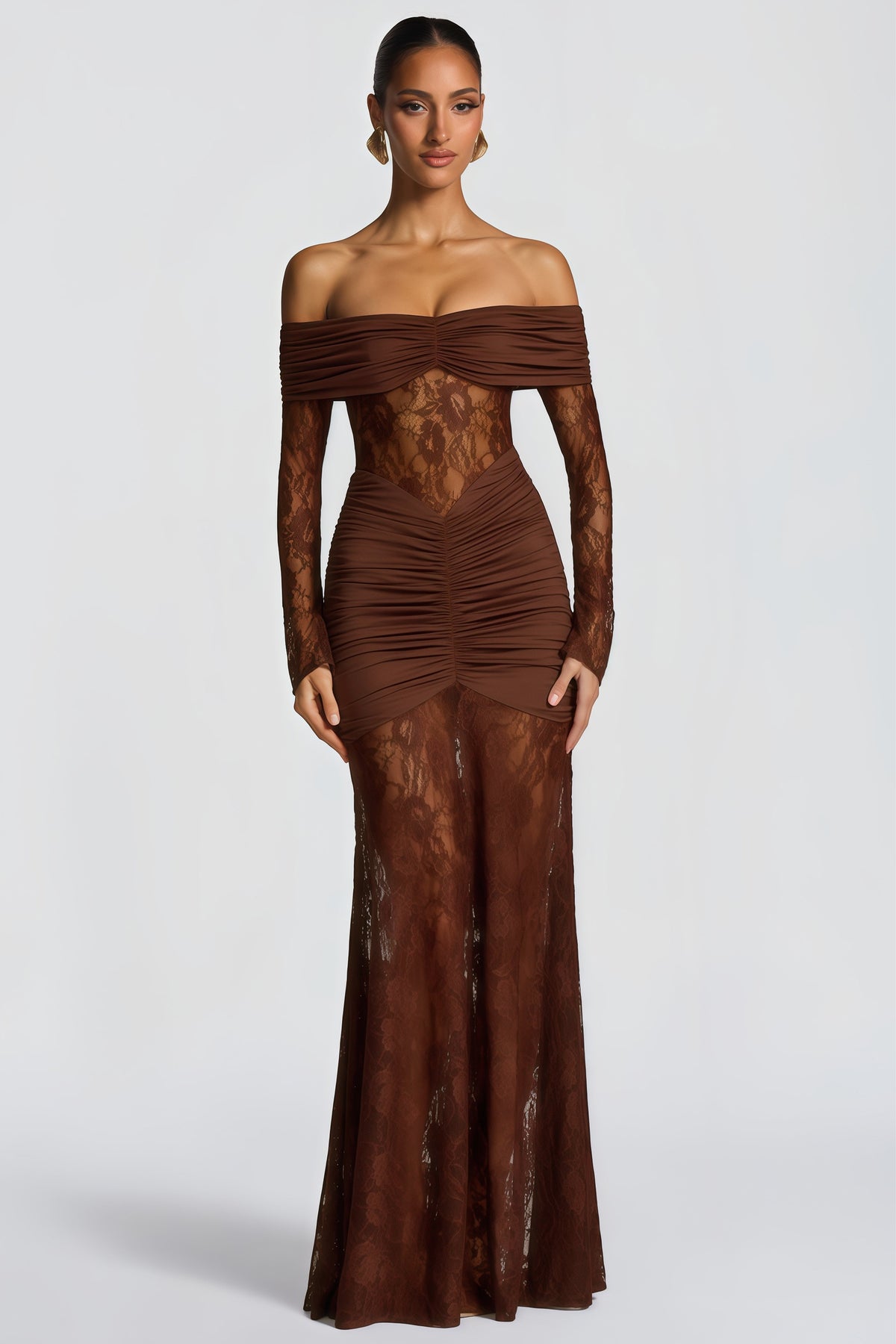 Brigitte Brown Lace Panel Ruched Maxi Dress (Final Sale-US Only)