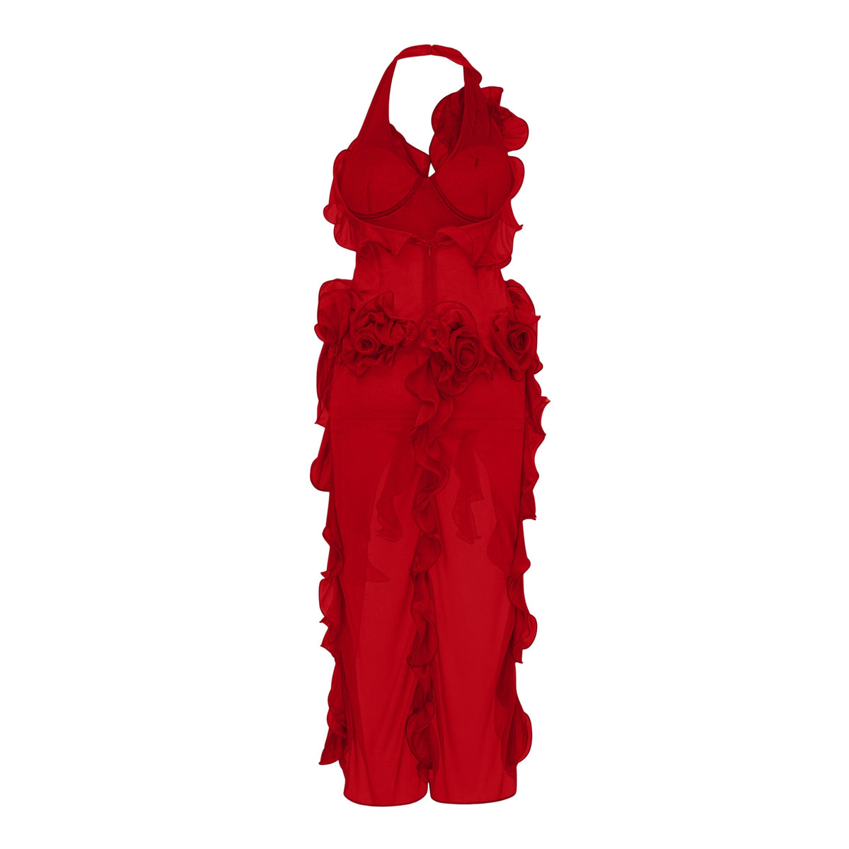 Hannabella Red Asymmetrical Ruffled Floral Mini Dress