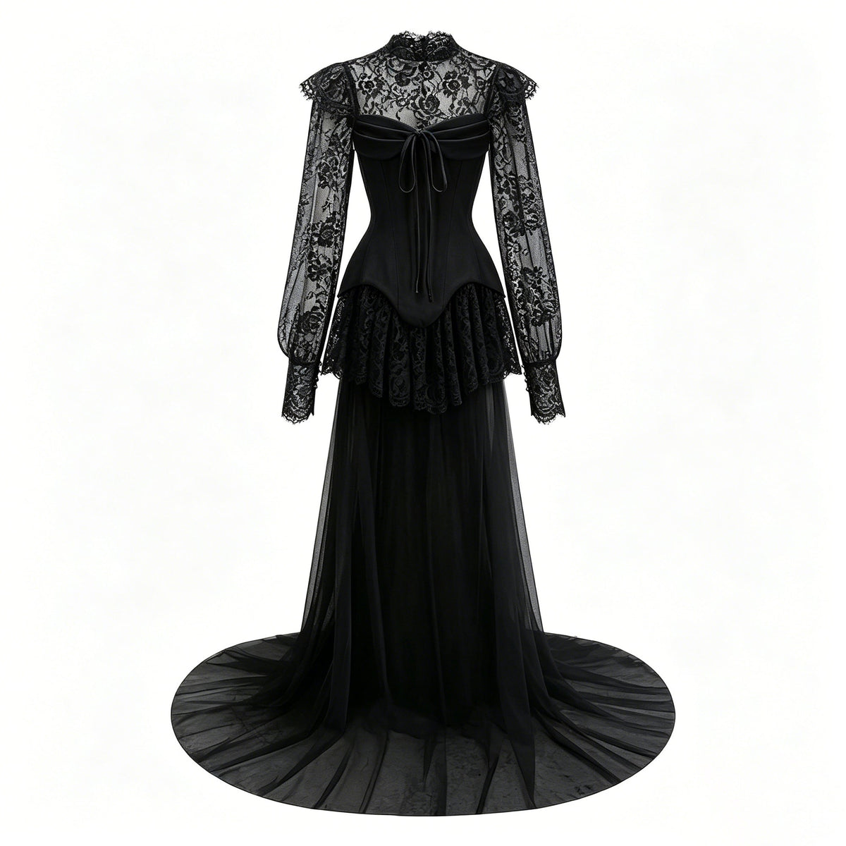 Michalina Black Lace Convertible Gown with Long Sleeves