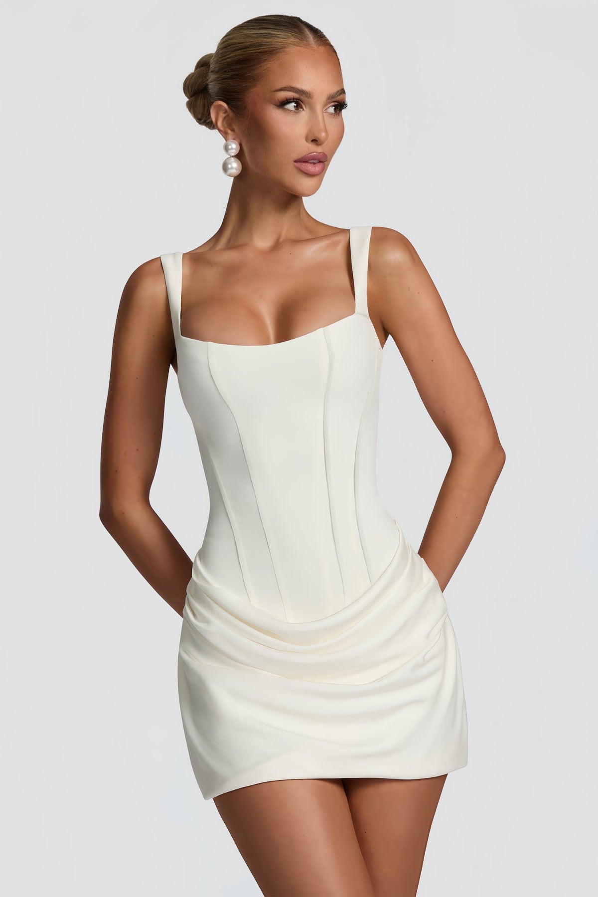 Paulette White Ruched Bodycon Mini Dress
