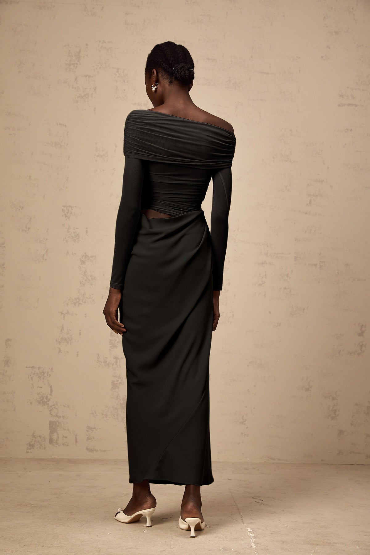 Estelle off-shoulder semi-sheer midi dress in Black (Final Sale)