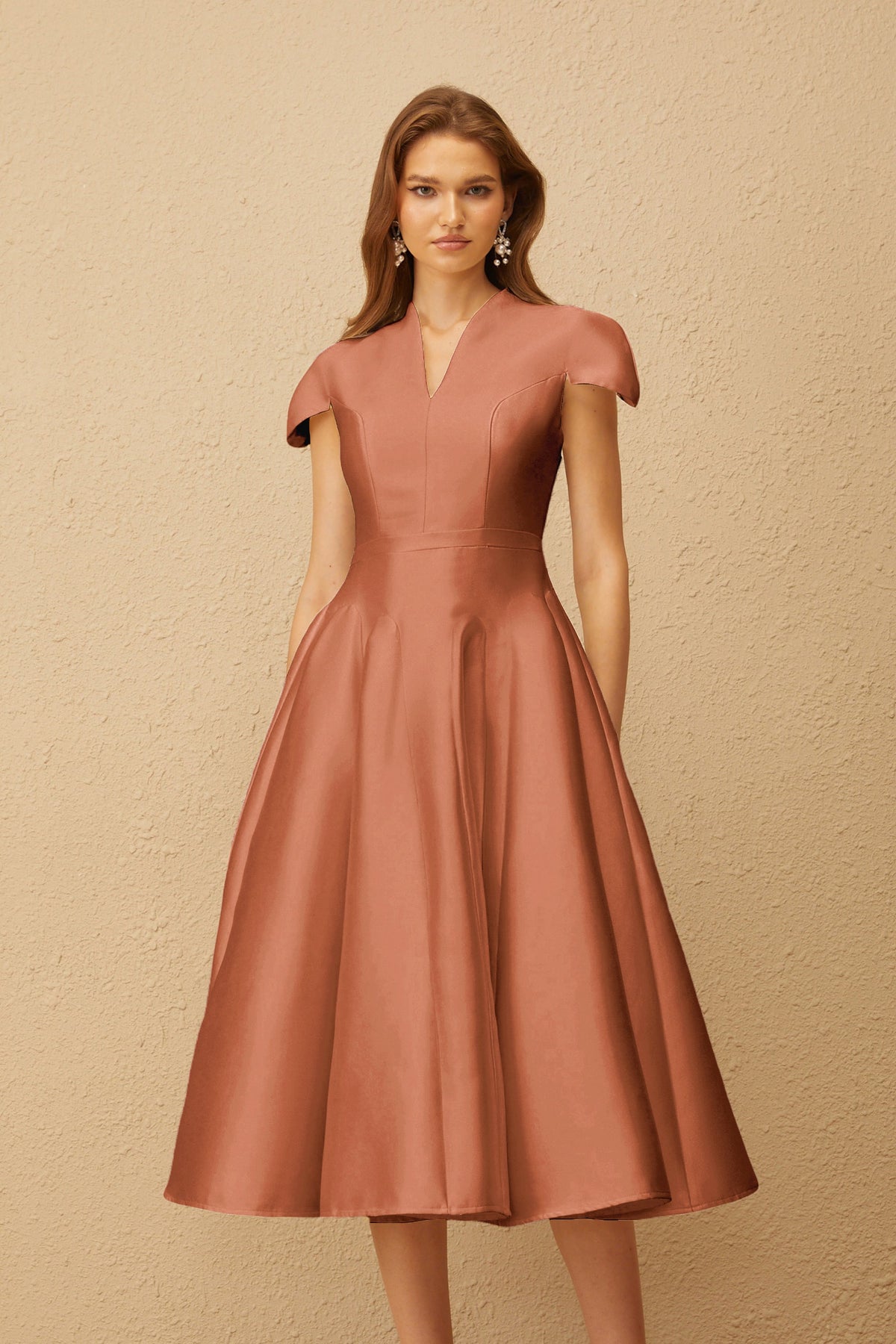 Aventin Brown Godet Design Midi Dress
