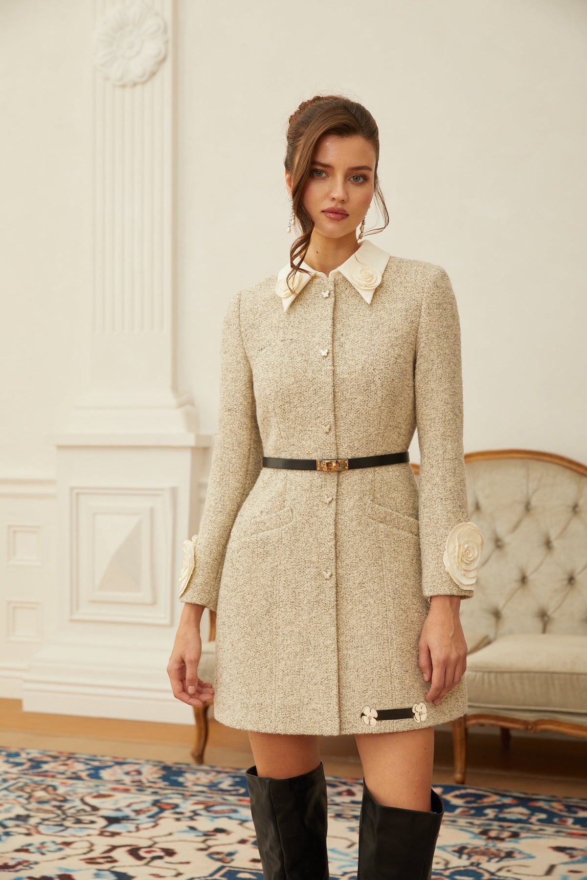 Élodie Neutral 3D Petal Tweed Mini Dress