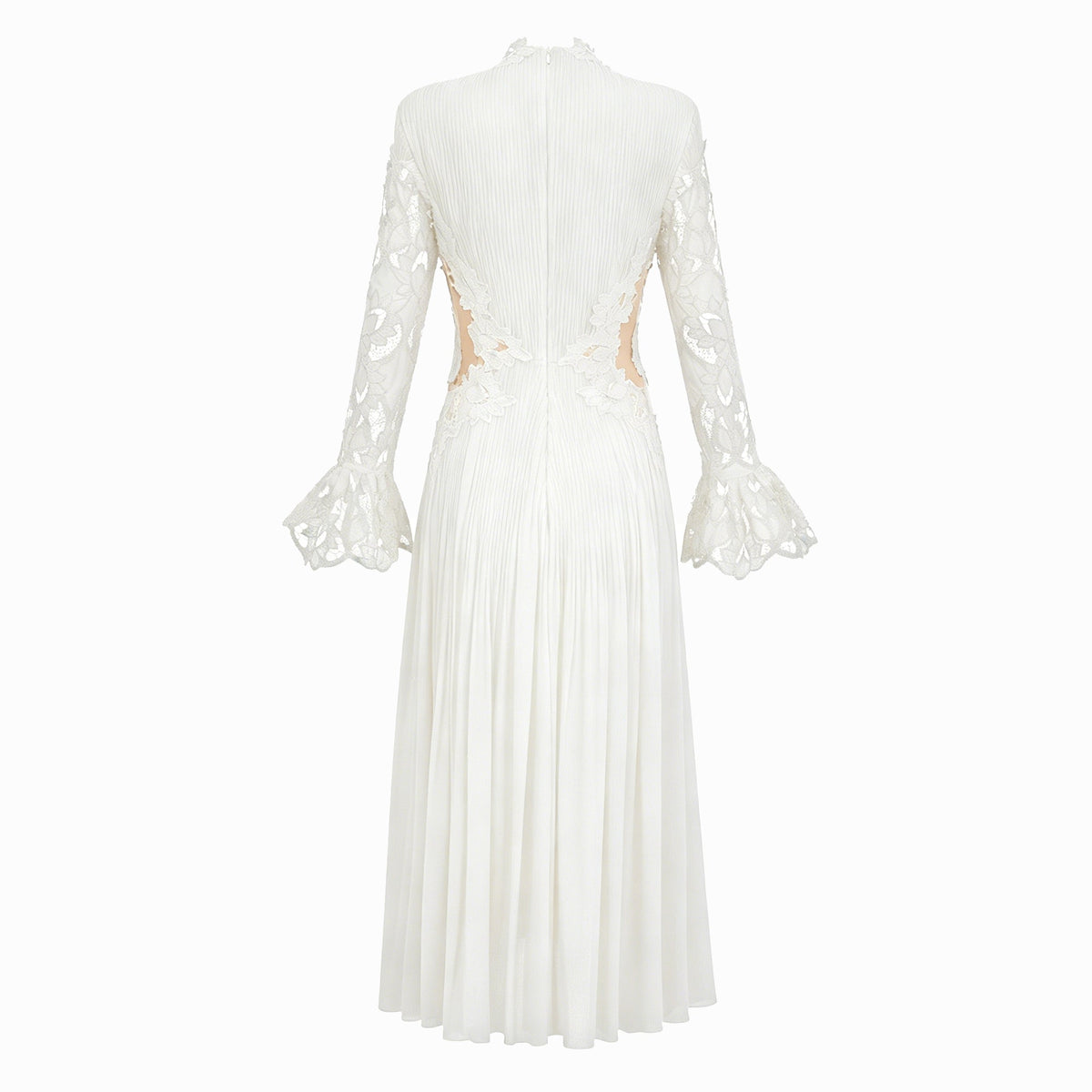 Chiara White Lace Panel Pleated Midi Dress