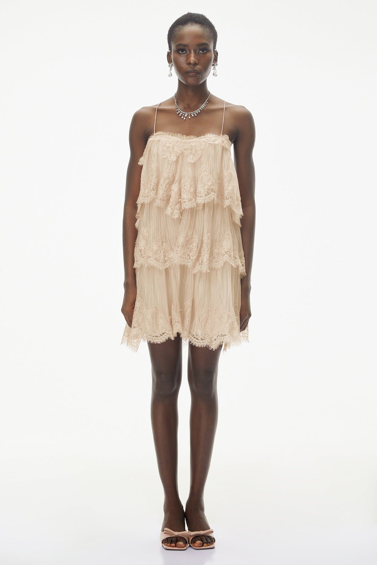 Rachel Beige Tiered Mini Dress with Lace Trim