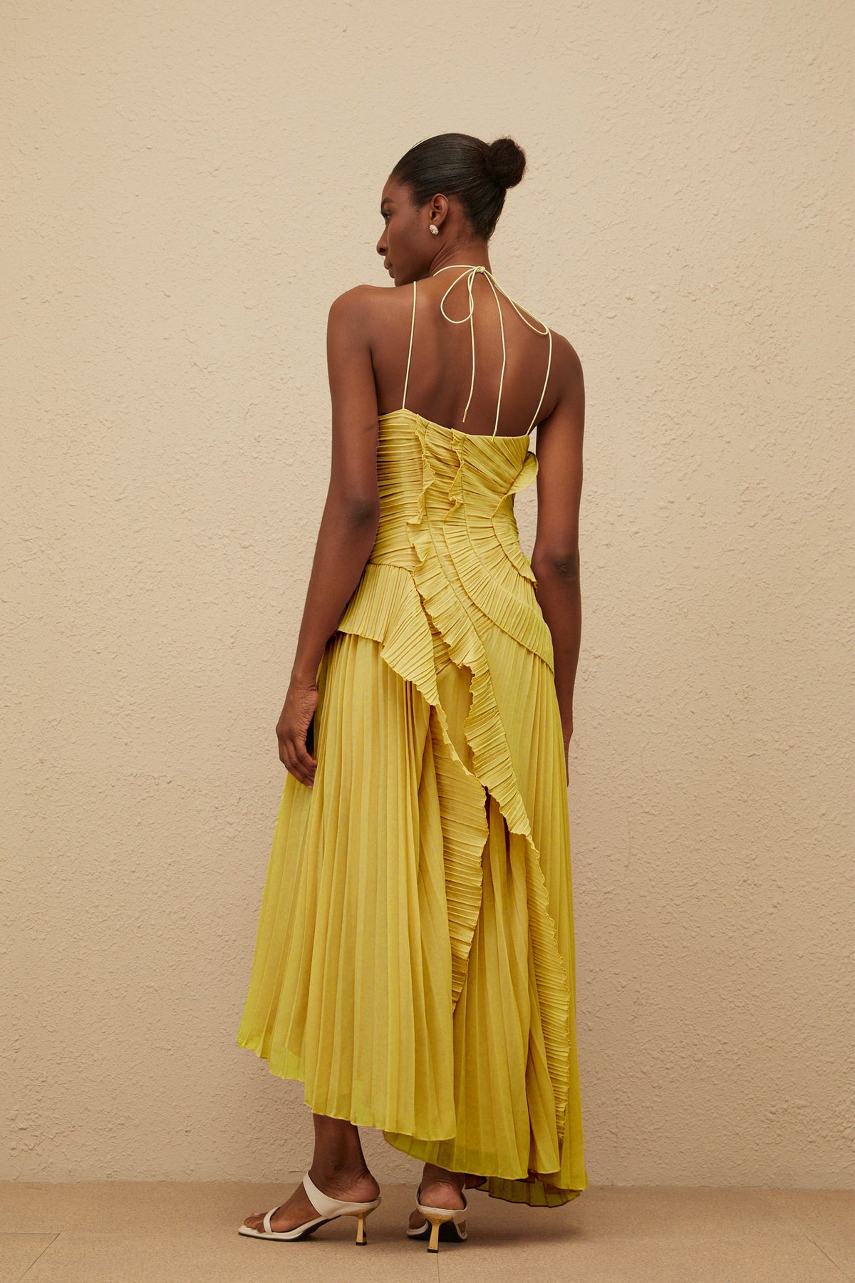 Doux Yellow Ruffled Trim Pleated Midi Dress (Final Sale-US Only)