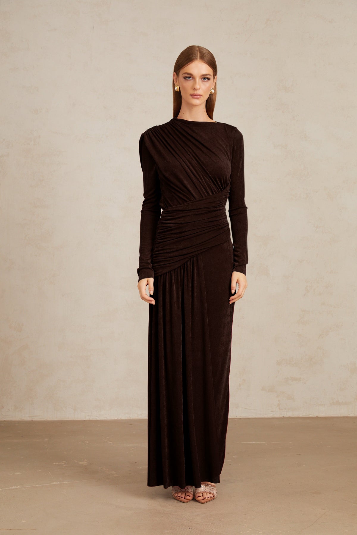 Charme Brown Ruched Maxi Dress