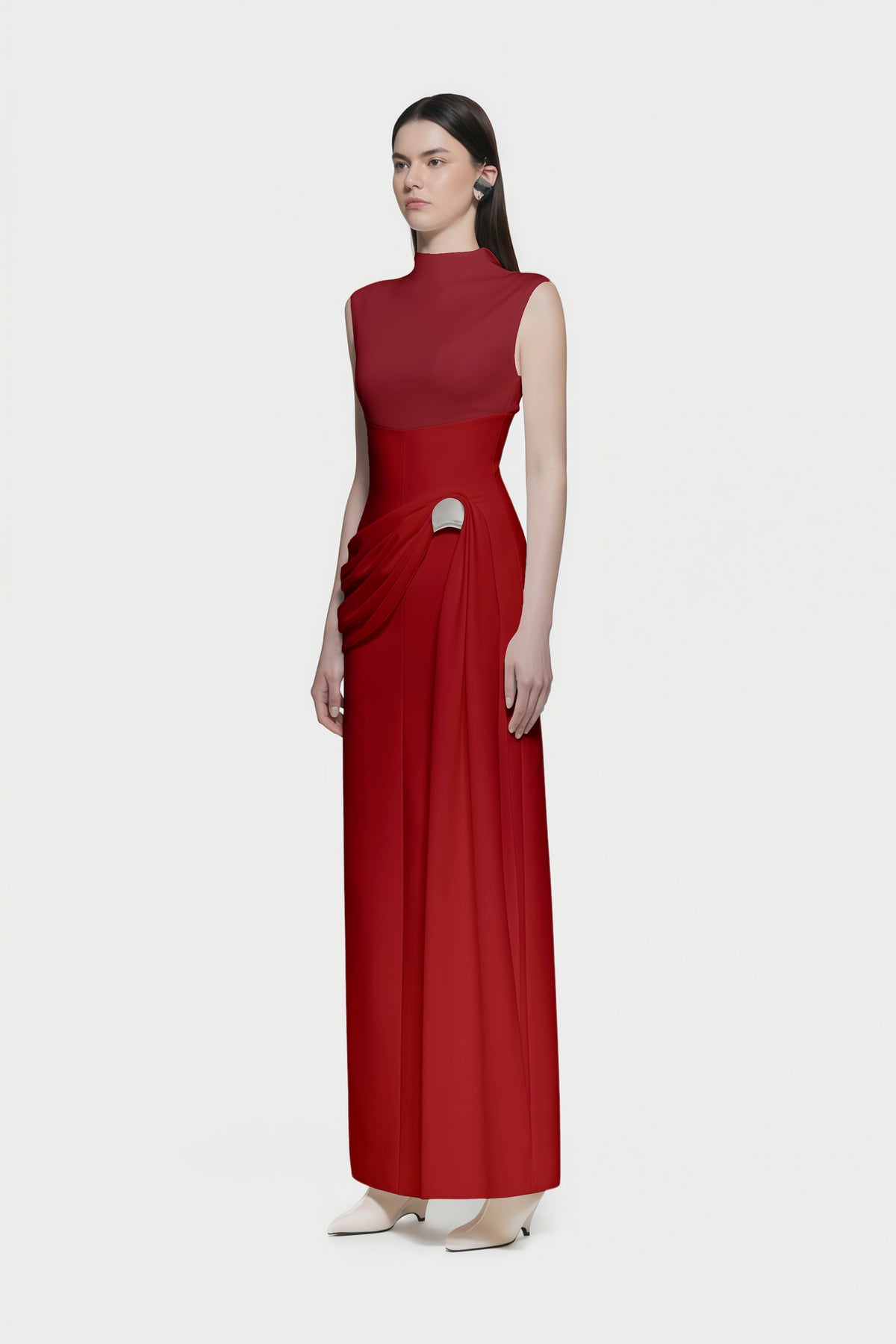 Arna Red Knit Panel Gathered Maxi Dress