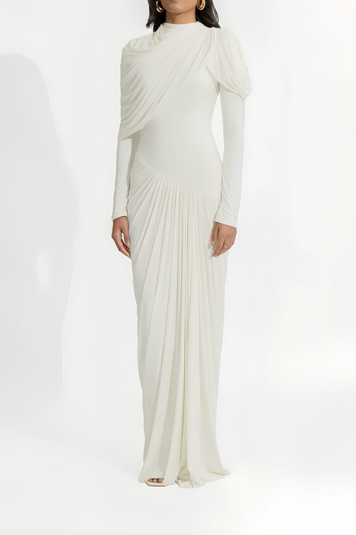 Bronwyn White Draped Pleated Asymmetrical Maxi Dress (Final Sale-US Only)