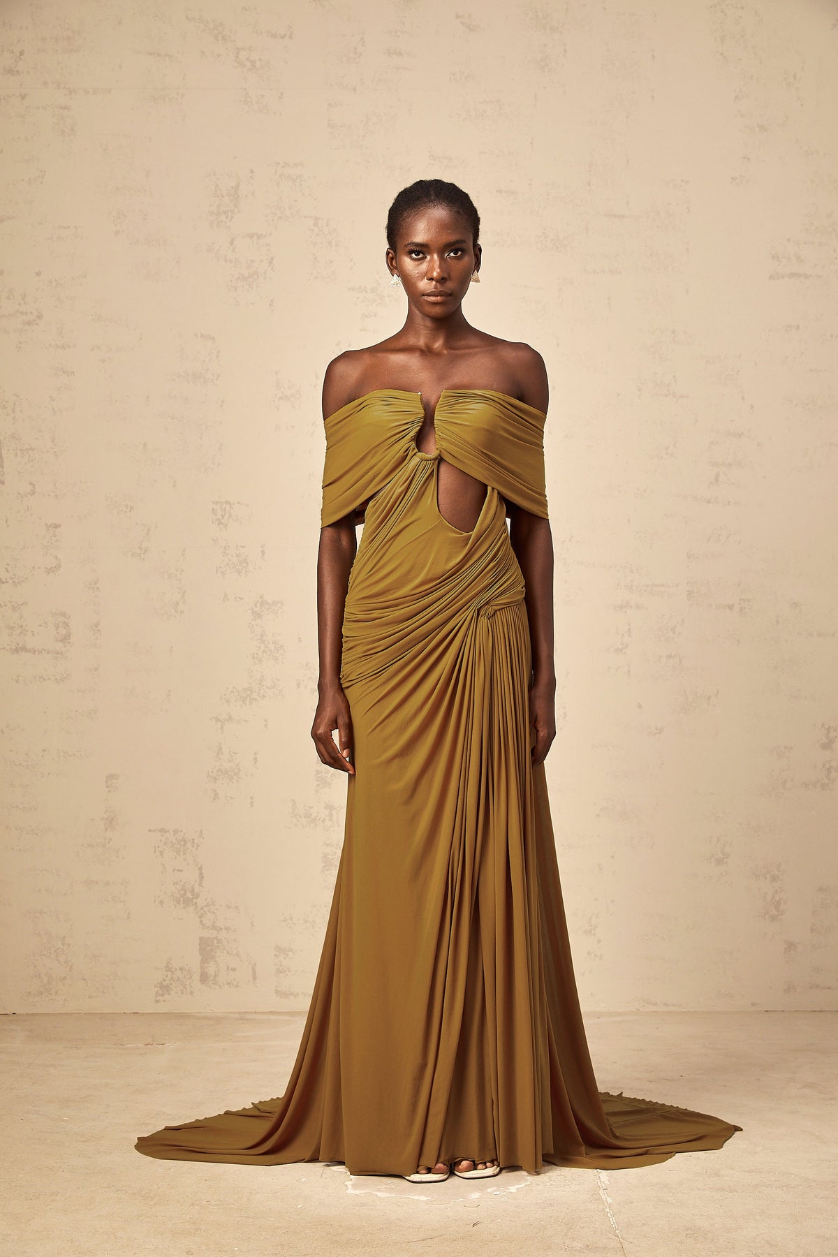 Ludivine ocher off-shoulder cut-out ruched maxi dress