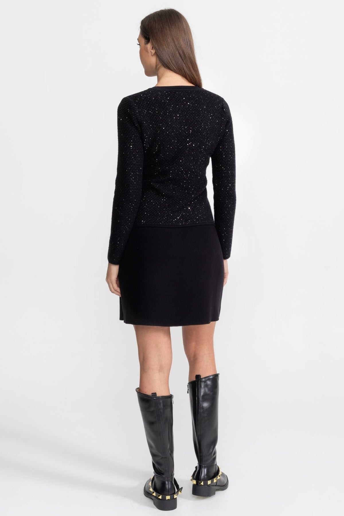 Embellished Tweed Co-Ord Set with Bow Closures And Mini Skirt – Black