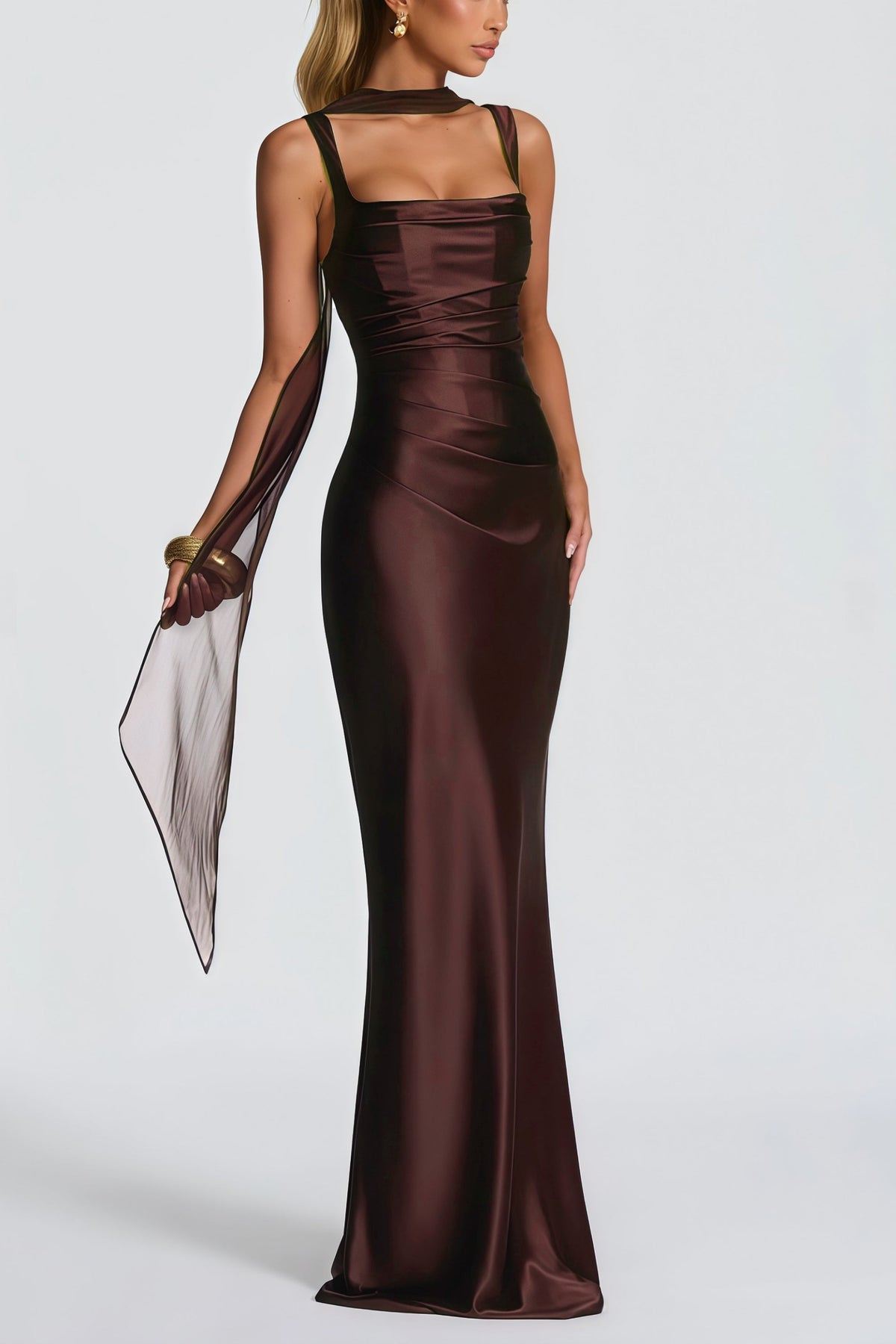 Inmaculada Brown Ruched Satin Maxi Dress