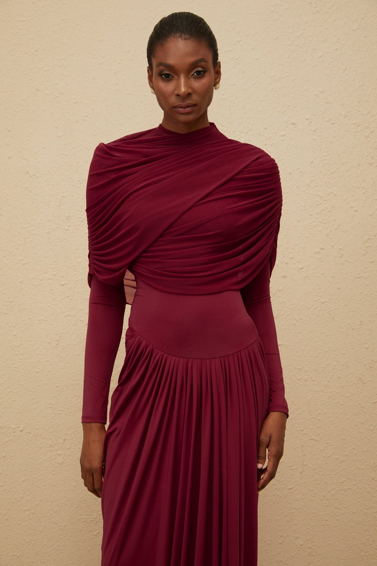 Catherine Red Asymmetrical Pleated Long-Sleeve Maxi Dress (Final Sale)