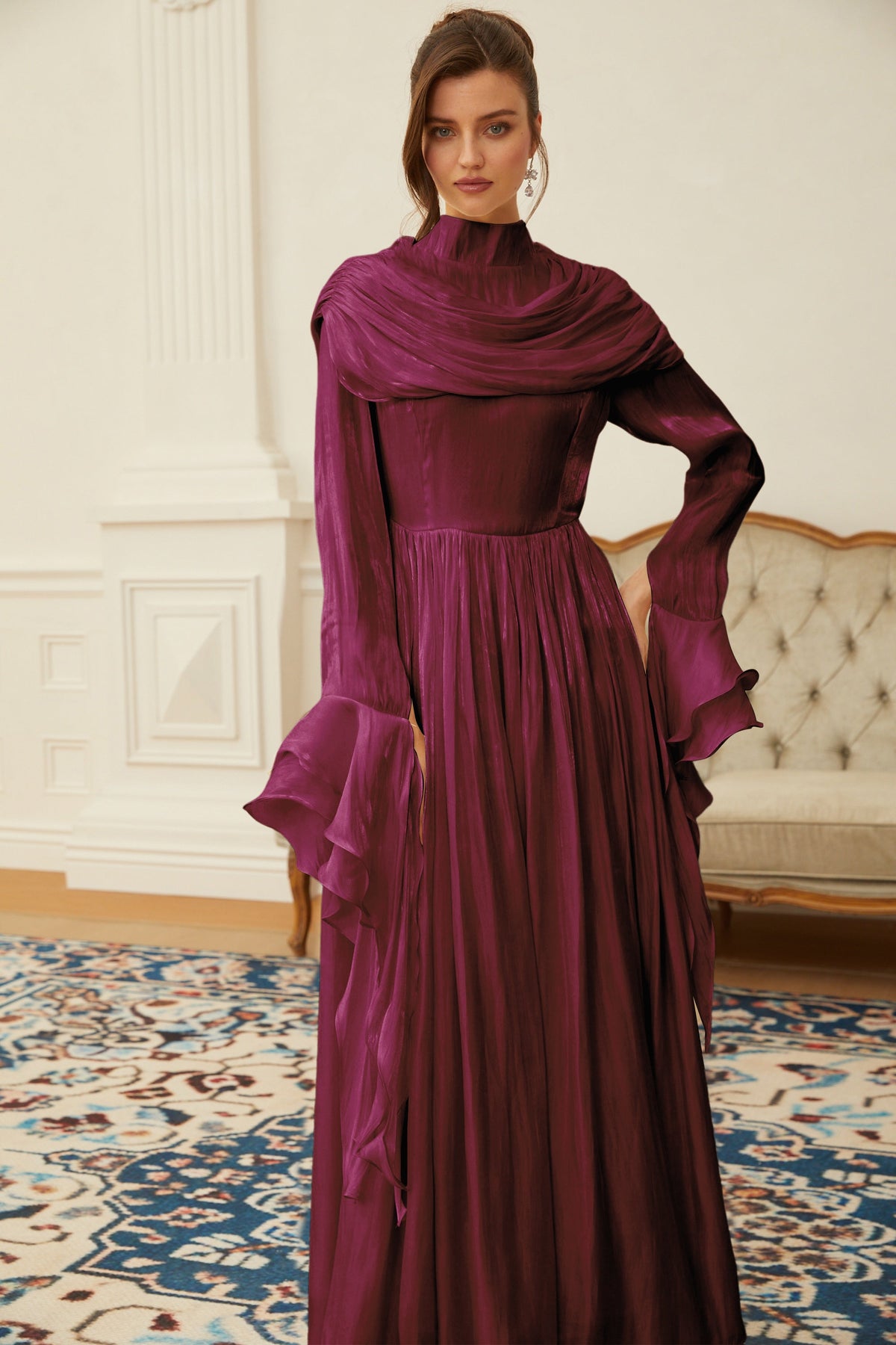 Danuta Burgundy Ruched Pleated Maxi Dress (Final Sale)