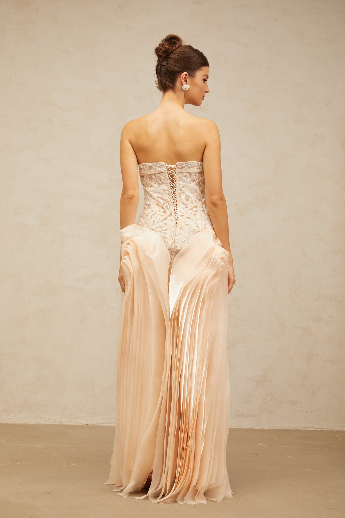 Irène neutrals lace layered corset maxi dress