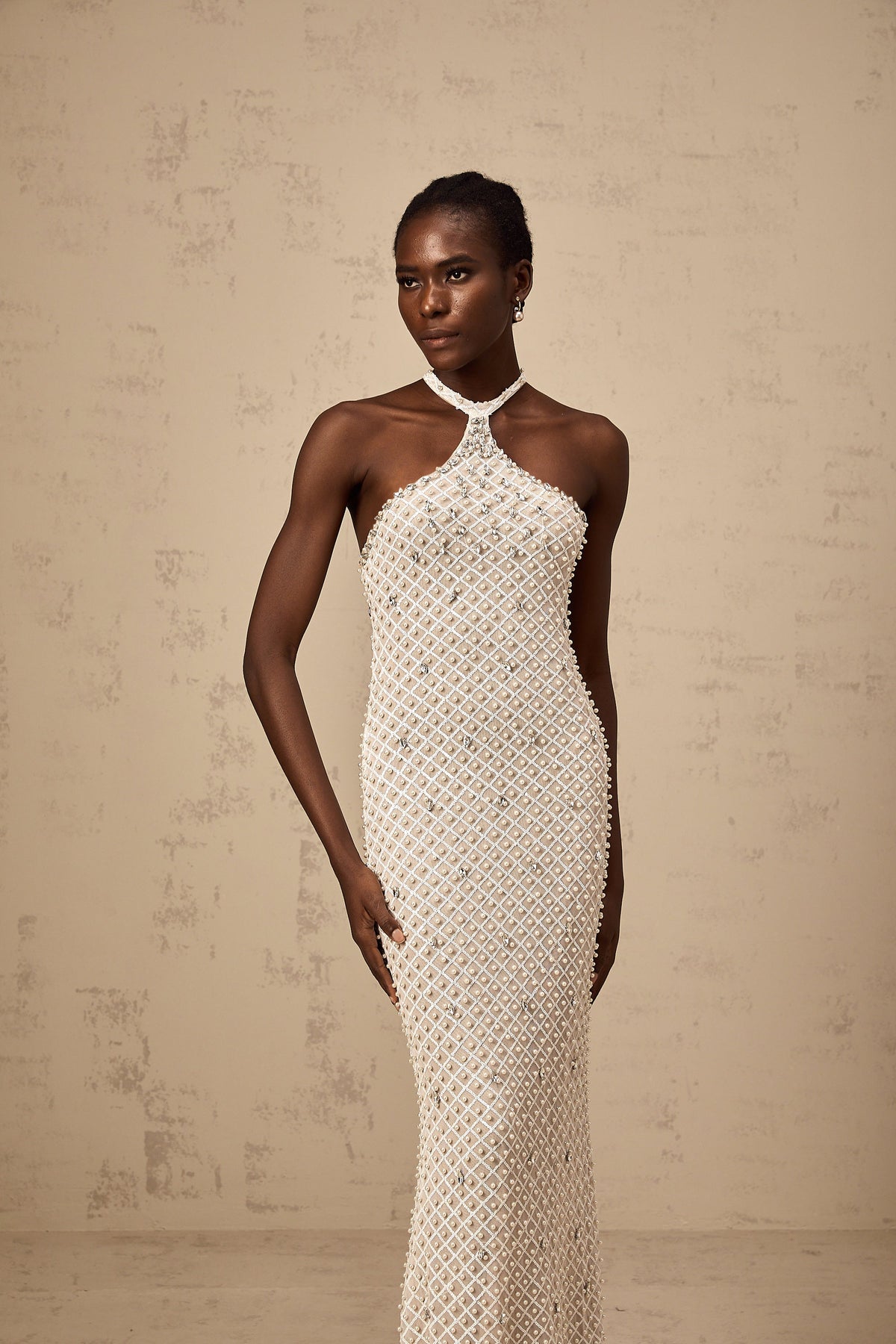 Claudine white embellished halterneck maxi dress