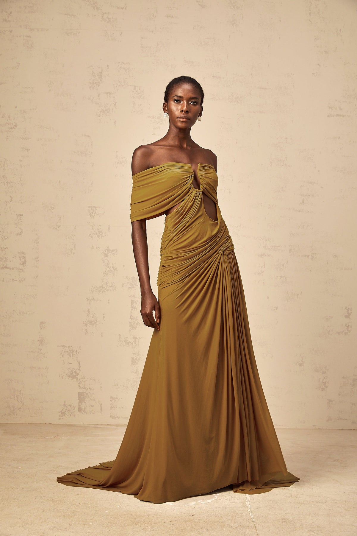 Ludivine ocher off-shoulder cut-out ruched maxi dress